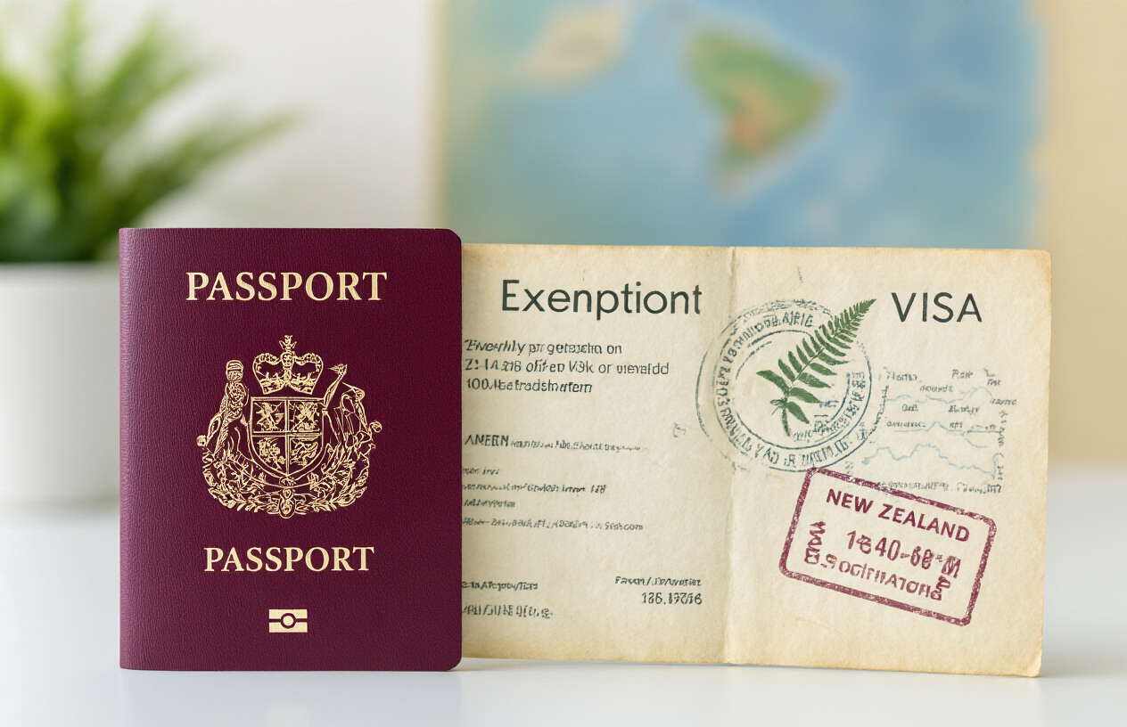 realistic image of a New Zealand passport placed next to a traditional paper visa document and a physical stamp, symbolizing exemptions from digital requirements, set on a clean white surface with soft natural lighting, conveying a sense of official documentation and travel, with a subtle New Zealand map or fern motif in the blurred background to add context, overall mood is informative and professional. Absolutely NO text should be in the scene.