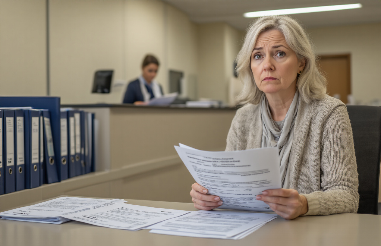 realistic image of a middle-aged white female sitting at a desk in a government embassy or visa office, looking slightly concerned while holding printed visa application forms and documents, with a helpful staff member visible in the background at a service counter, the office environment featuring neutral tones with organized filing systems and official-looking decor, soft fluorescent lighting creating a professional yet approachable atmosphere, conveying the idea of seeking in-person assistance for a visa application process. Absolutely NO text should be in the scene.