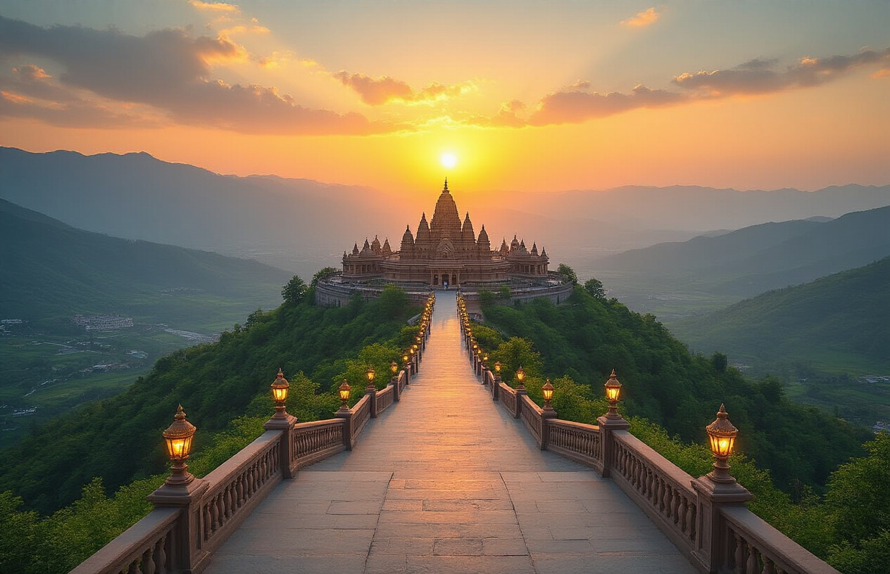 realistic image of a breathtaking panoramic view of Jammu's iconic landscape featuring a grand ancient temple complex on a hilltop surrounded by lush green valleys, with modern tourist infrastructure visible in the foreground including well-paved pathways and decorative lighting, a warm golden sunset casting a hopeful and prosperous glow over the entire scene, evoking a sense of growth, spiritual richness, and tourism development, with the atmosphere feeling vibrant, optimistic, and culturally rich. Absolutely NO text should be in the scene.