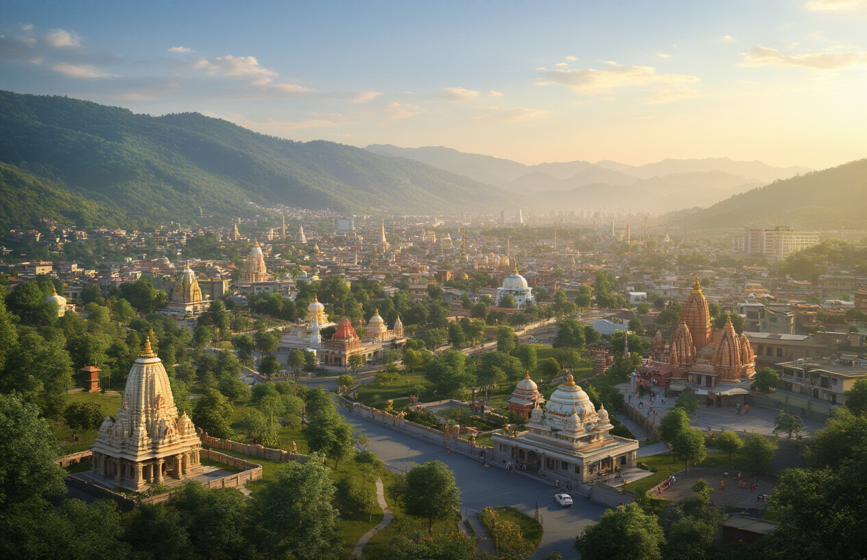 realistic image of a panoramic view of Jammu city's iconic landmarks and tourist attractions, including temples, lush green hills, and modern infrastructure, with a wide-angle aerial perspective showcasing the region's natural beauty and urban development, bathed in warm golden hour lighting that conveys growth and opportunity, with a sense of optimism and progress, and a clear blue sky overhead, evoking a thriving tourism destination ready to welcome visitors. Absolutely NO text should be in the scene.