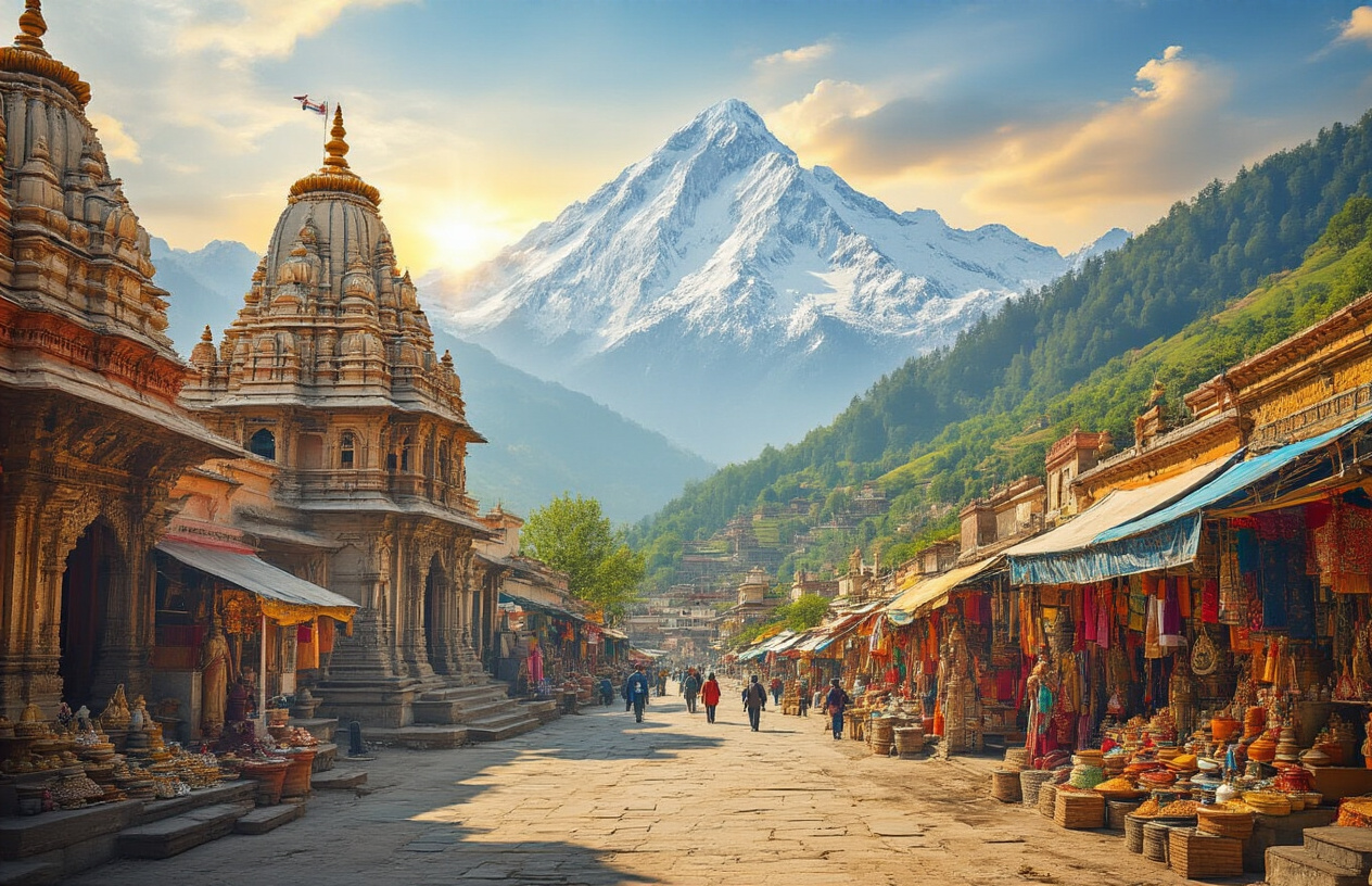 realistic image of a vibrant collage-style scene showcasing diverse tourism experiences in Jammu, featuring a snow-capped mountain landscape in the background, an ancient Hindu temple with intricate architecture on one side, a lush green valley with trekking trails on another, and a colorful local bazaar with traditional crafts and spices in the foreground, bathed in warm golden sunlight that conveys a welcoming and exciting atmosphere, with no people present but rich visual variety suggesting adventure, spirituality, and cultural exploration all in one frame. Absolutely NO text should be in the scene.