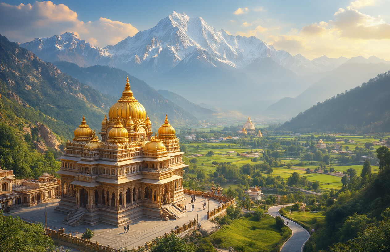 realistic image of a stunning collage-style scene showcasing iconic tourist destinations in Jammu, India, including a majestic mountain landscape, an ancient ornate temple with golden domes, and a pristine scenic valley with lush greenery, all depicted with visible signs of modern upgrades such as newly paved pathways, well-maintained infrastructure, and improved visitor facilities, bathed in warm golden sunlight that conveys growth, development, and an inviting atmosphere, with a sense of grandeur and transformation. Absolutely NO text should be in the scene.