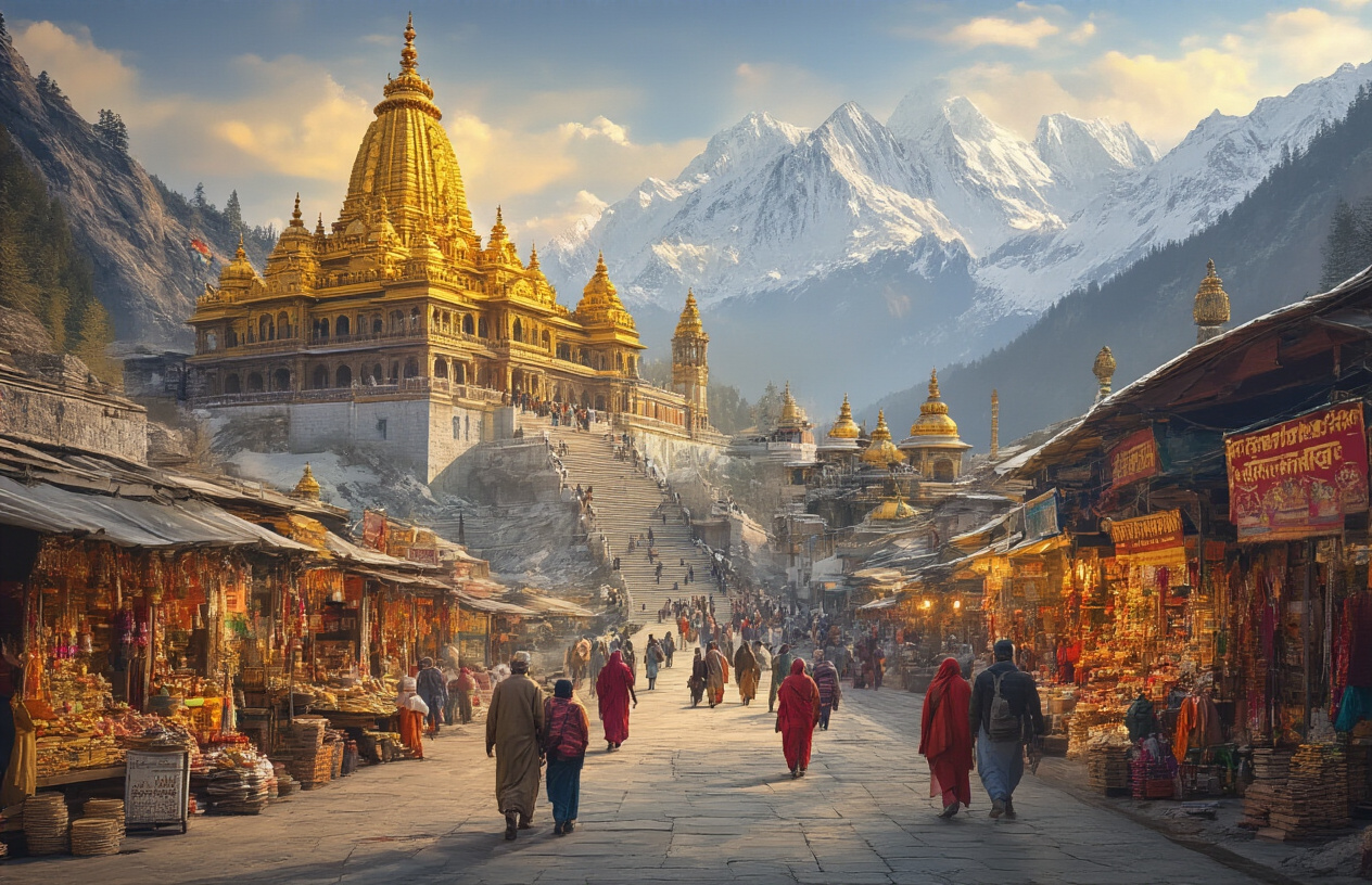 realistic image of a panoramic collage-style scene showcasing five iconic pilgrimage sites in the Jammu region, including a grand Hindu temple with golden spires, a serene mountain shrine surrounded by snow-capped peaks, a bustling marketplace near a sacred site filled with Indian devotees carrying offerings, small local shops and stalls selling religious items and handicrafts, and pilgrims walking along a mountain trail, all bathed in warm golden daylight that conveys spiritual energy and economic vitality, with a lively yet reverent mood that reflects both religious significance and thriving local commerce. Absolutely NO text should be in the scene.