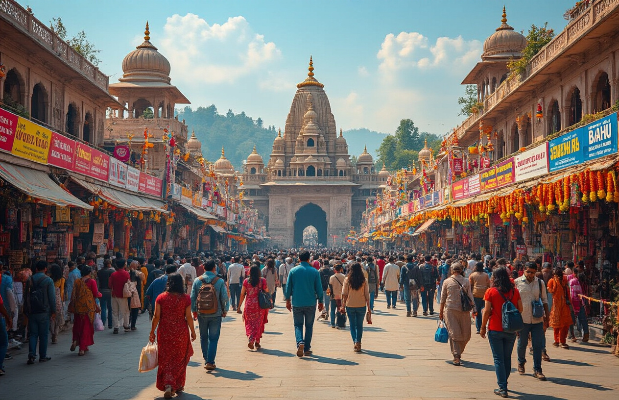 realistic image of a vibrant and bustling tourist scene in Jammu, India, featuring a well-known landmark such as the Raghunath Temple or Bahu Fort in the background, with a diverse crowd of South Asian tourists exploring the area, capturing a lively and energetic atmosphere, bright natural daylight illuminating the scene, promotional banners and colorful decorations enhancing the festive mood, tour guides leading groups of enthusiastic visitors, and a sense of growth and excitement in the air, suggesting a thriving tourism industry. Absolutely NO text should be in the scene.