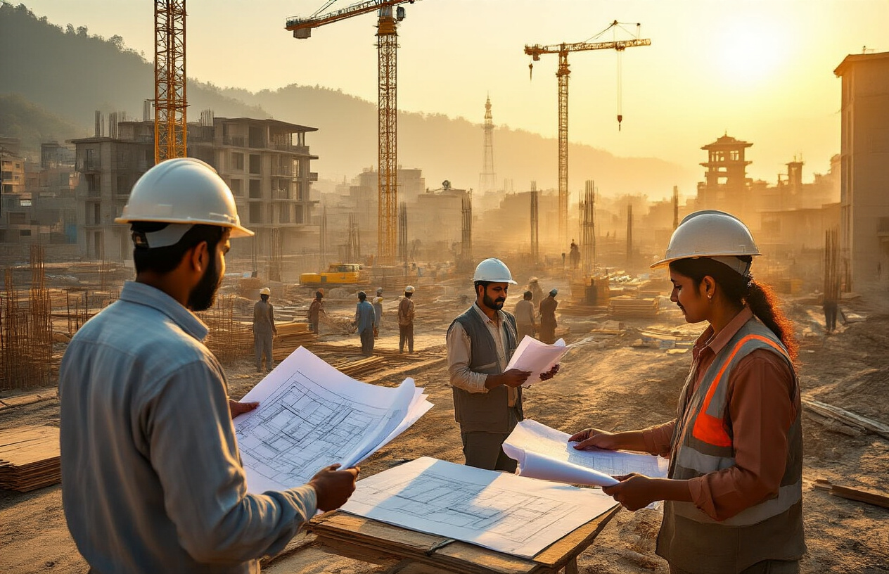 realistic image of a bustling construction and development scene in Jammu, India, showing new infrastructure being built with cranes and modern buildings in the background, while a group of South Asian male and female local workers and entrepreneurs actively engage in planning and construction activities in the foreground, holding blueprints and coordinating work, with warm golden sunlight illuminating the scene to convey optimism and economic growth, and a vibrant, hopeful atmosphere reflecting new opportunities emerging for the local community. Absolutely NO text should be in the scene.