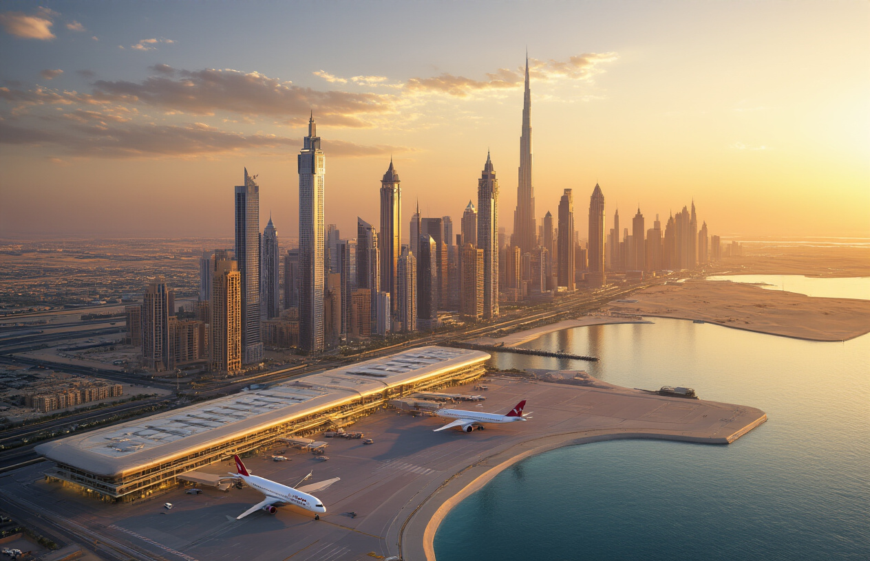 realistic image of a stunning aerial view of Abu Dhabi's iconic skyline at golden hour, featuring the glittering cityscape along the waterfront with modern skyscrapers reflecting warm sunset hues, a large modern international airport terminal visible in the foreground with a commercial airplane on the tarmac, and in the distance a glimpse of desert landscape representing Al Ain, the overall scene conveying a sense of grand tourism success and exciting destination appeal, with rich golden and amber lighting casting a triumphant glow over the entire city, evoking growth, prosperity, and a bright future for Abu Dhabi tourism. Absolutely NO text should be in the scene.