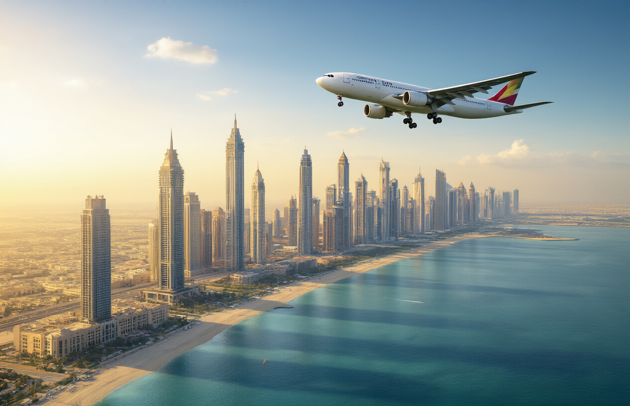realistic image of a stunning aerial view of Abu Dhabi's iconic skyline featuring modern skyscrapers and the glittering Arabian Gulf coastline, with a large commercial airplane flying overhead against a bright blue sky, symbolizing a stopover travel concept, the scene bathed in warm golden sunlight that highlights the city's architectural grandeur and luxury appeal, evoking a sense of excitement and discovery for travelers passing through, Absolutely NO text should be in the scene.