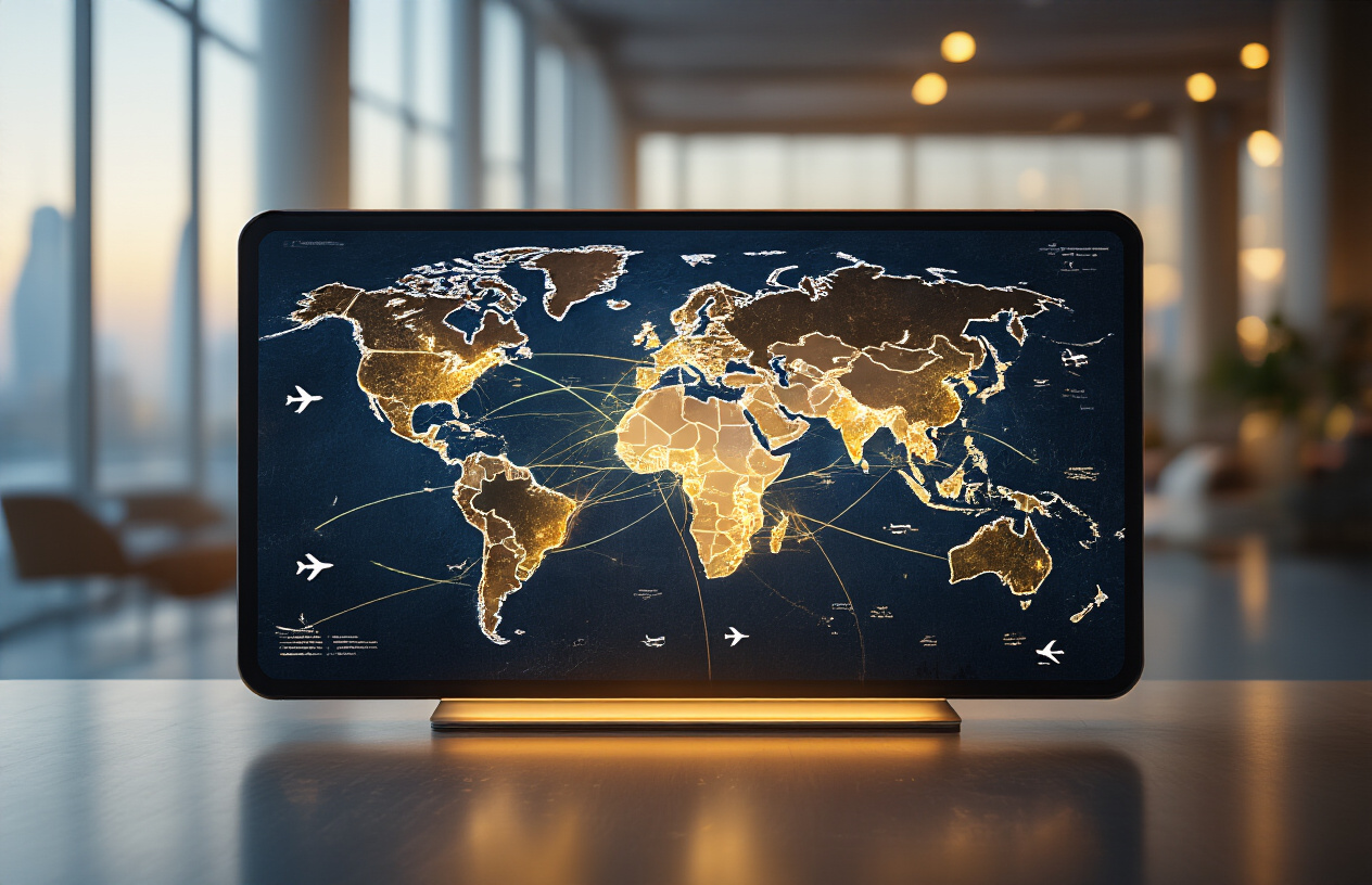 realistic image of a world map displayed on a sleek digital screen or table surface, with glowing connection lines or light trails extending from multiple international cities such as London, New York, Mumbai, and Beijing converging toward Abu Dhabi at the center, symbolizing global traveler source markets, with small airplane icons subtly scattered along the routes, warm golden and blue lighting giving a modern and dynamic feel, set against a professional and futuristic atmosphere. Absolutely NO text should be in the scene.