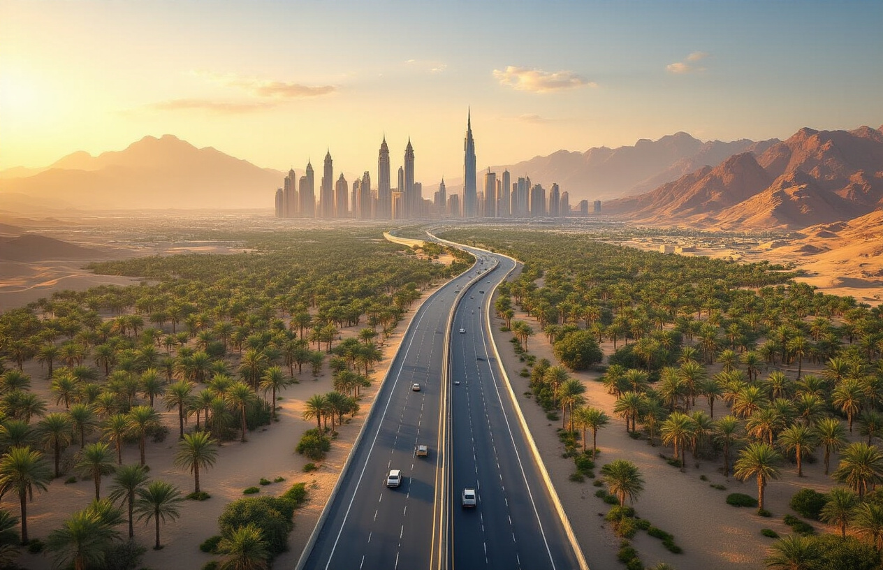 realistic image of a sweeping aerial view showing a modern highway or road connecting Abu Dhabi's gleaming urban skyline in the distance to the ancient, mountainous landscape of Al Ain, with lush green oasis palm groves and rugged desert mountains visible near Al Ain, symbolizing the exciting connection between the two cities, bathed in warm golden hour light that evokes a sense of opportunity and discovery. Absolutely NO text should be in the scene.