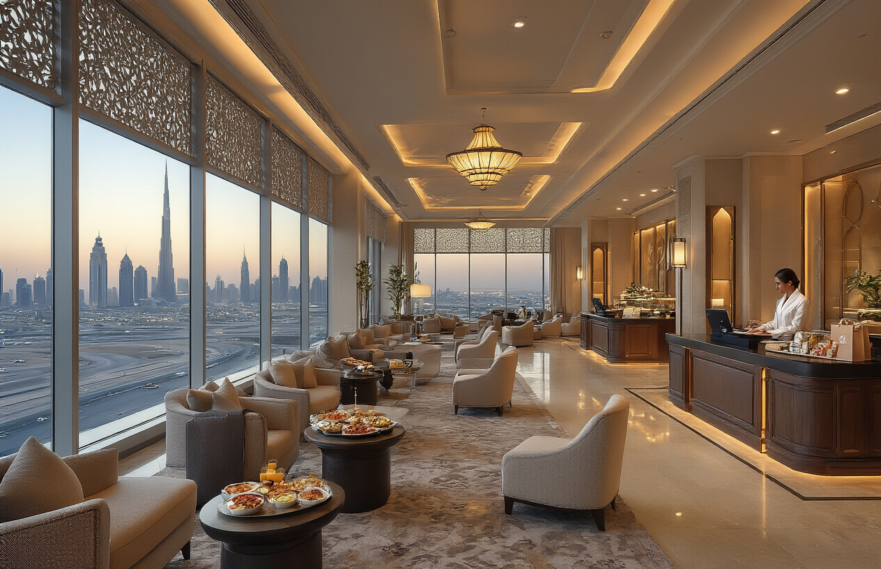 realistic image of a luxurious airport lounge in Abu Dhabi with elegant Arabian-inspired interior design, featuring plush seating, a lavish complimentary food and beverage spread, and large windows overlooking a stunning city skyline, with soft warm ambient lighting creating an inviting and exclusive atmosphere, showcasing premium stopover perks such as a spa treatment area in the background, a gift bag with travel essentials on a side table, and a concierge desk with personalized service elements, conveying a sense of luxury, comfort, and rewarding travel experience. Absolutely NO text should be in the scene.