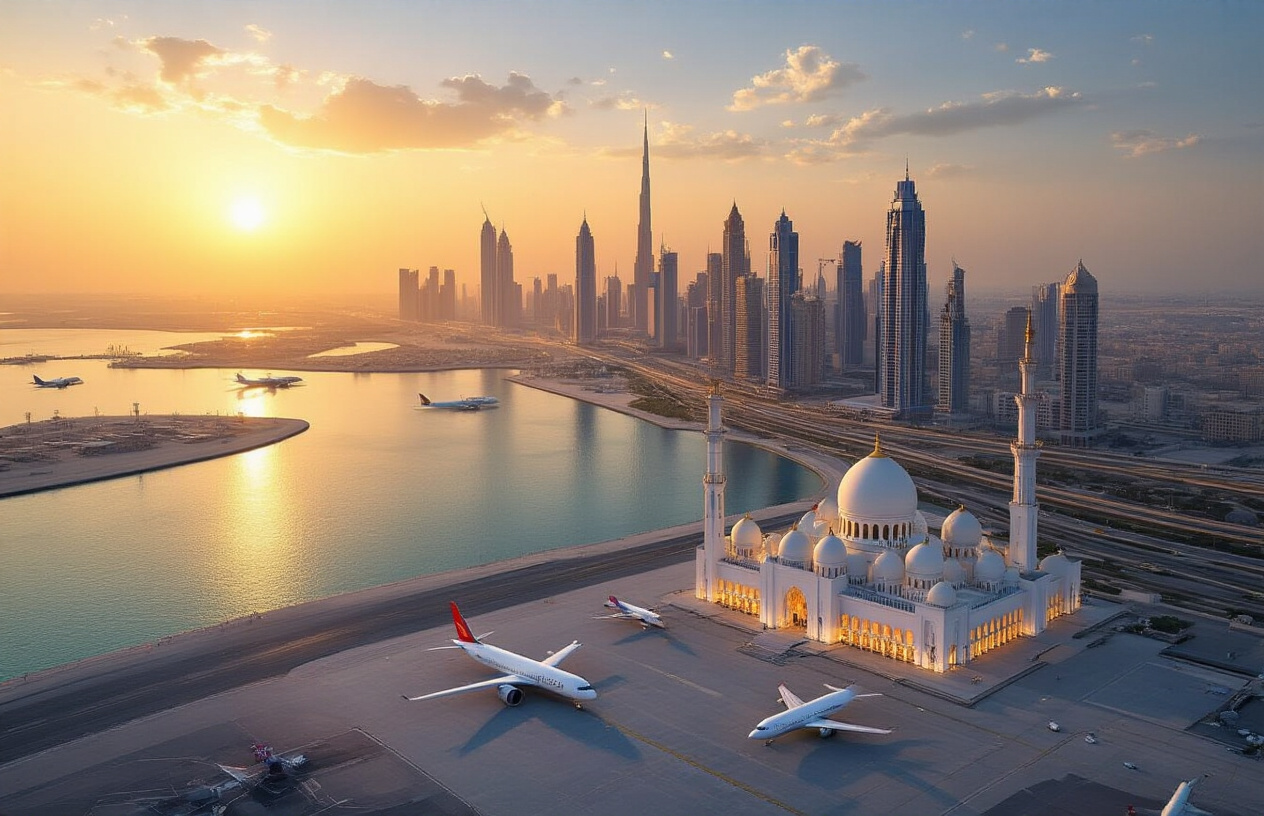 realistic image of a sweeping aerial view of Abu Dhabi's modern skyline at golden hour, showcasing iconic landmarks like the Sheikh Zayed Grand Mosque and gleaming skyscrapers along the waterfront, with a busy international airport in the foreground featuring multiple aircraft on the tarmac, symbolizing growth and connectivity, bathed in warm, optimistic lighting that conveys a sense of prosperity and a bright tourism future, with a vibrant yet serene atmosphere. Absolutely NO text should be in the scene.