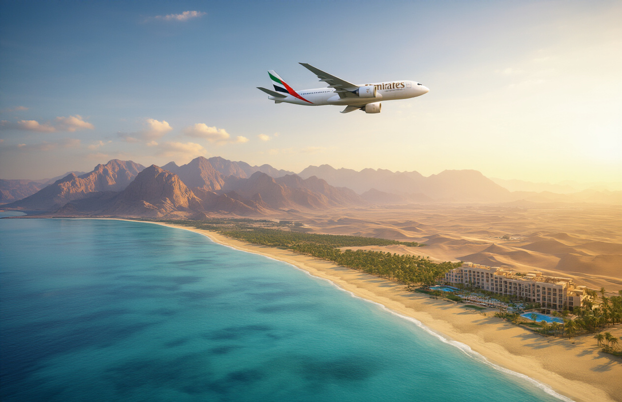 realistic image of a stunning aerial panoramic view of Ras Al Khaimah's coastline featuring turquoise waters, golden sandy beaches, and dramatic Hajar Mountains in the background, with a modern Emirates airline aircraft flying gracefully overhead in the clear blue sky, symbolizing the powerful tourism partnership and ambitious future vision, bathed in warm golden sunset lighting that evokes optimism and growth, with a luxurious resort visible along the shoreline to represent the destination's appeal, creating an inspiring and forward-looking mood that captures the transformation of RAK tourism on a global scale. Absolutely NO text should be in the scene.
