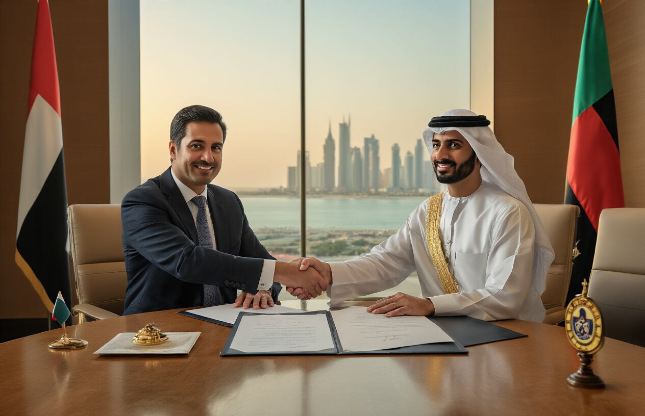 realistic image of a formal partnership signing ceremony between two organizations, featuring a polished conference table with official documents being signed, complementary elements including small UAE and airline-themed flags or emblems subtly placed on the table, set in a modern corporate boardroom with floor-to-ceiling windows overlooking a scenic Arabian Gulf coastal view, warm professional lighting highlighting the handshake moment between a white male executive in a business suit and a Middle Eastern male official in traditional Emirati kandura, conveying a sense of prestige, collaboration, and milestone achievement, Absolutely NO text should be in the scene.
