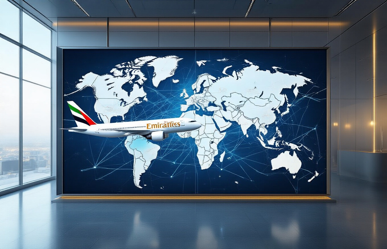 realistic image of a large illuminated world map displayed on a sleek digital screen or glass wall, with glowing flight route lines connecting hundreds of international destinations, centered on the Middle East with lines radiating outward to cities across Europe, Asia, Africa, and the Americas, featuring an Emirates airline aircraft model or silhouette subtly integrated into the foreground, set in a modern aviation or tourism hub environment with a sophisticated blue and gold ambient lighting, conveying a sense of global connectivity and expansive reach. Absolutely NO text should be in the scene.