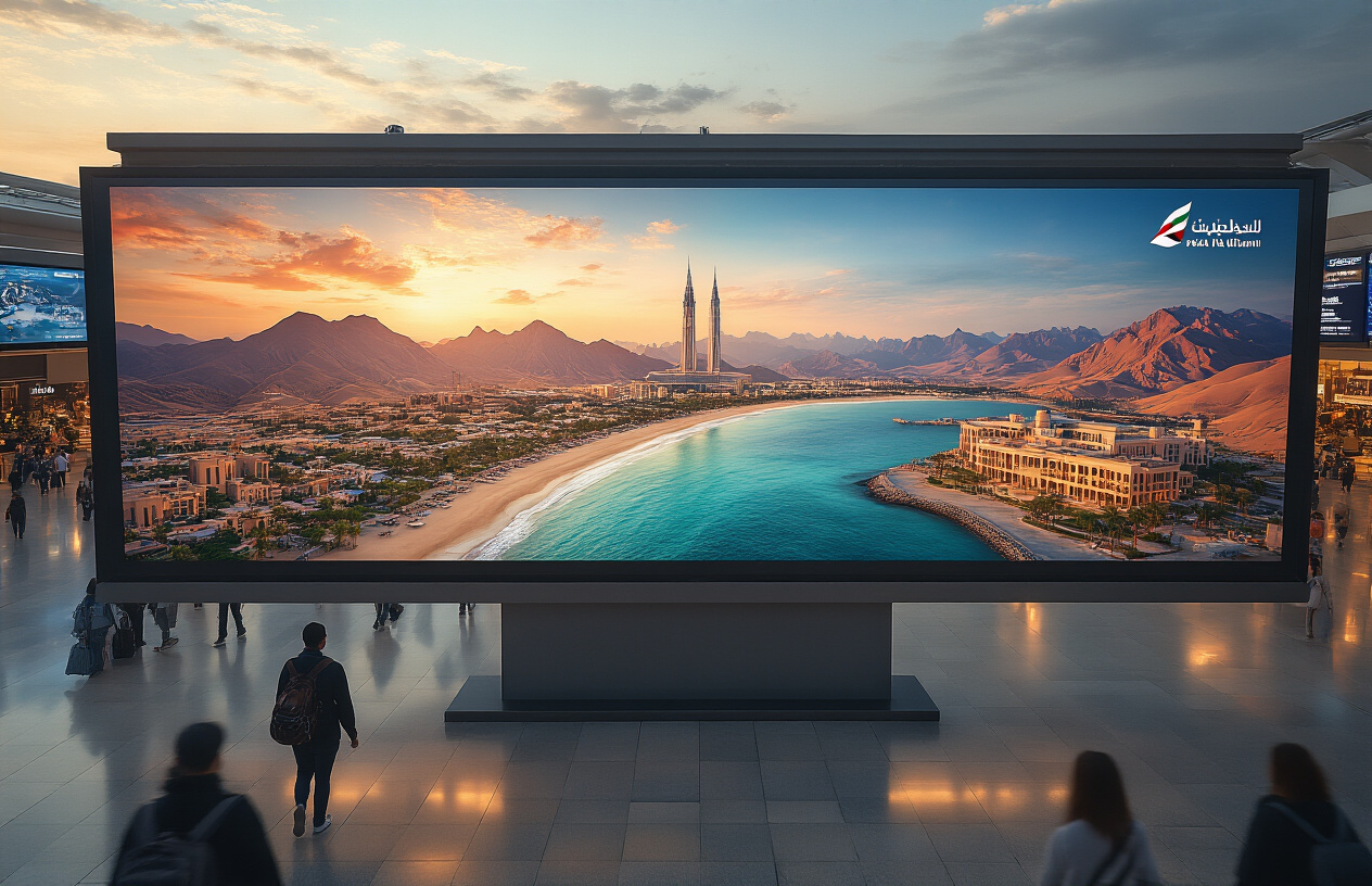 realistic image of a large digital billboard displaying a vibrant aerial view of Ras Al Khaimah's stunning landscape featuring mountains, beaches, and modern architecture, positioned prominently in a busy international airport terminal, with Emirates airline branding elements and RAK tourism visuals displayed on surrounding screens and banners, warm and inviting lighting highlighting the promotional displays, creating a sense of global visibility and partnership, with travelers passing by in the background, Absolutely NO text should be in the scene.
