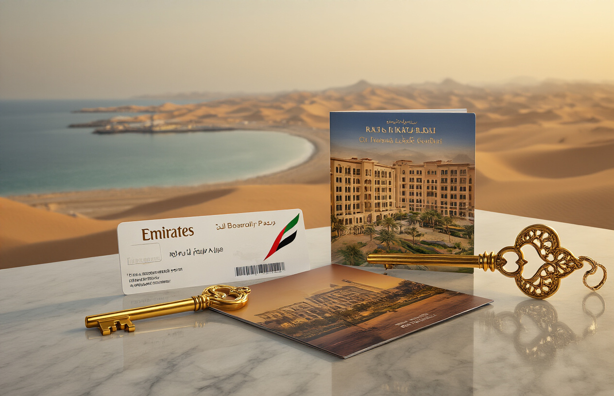 realistic image of a luxurious travel package display featuring an Emirates airline boarding pass, a premium hotel brochure for Ras Al Khaimah, and a golden key symbolizing exclusive access, elegantly arranged on a sleek marble surface, with a soft-focus background showing the stunning RAK coastline and desert landscape, warm golden lighting creating an upscale and aspirational mood, conveying exclusivity and luxury travel. Absolutely NO text should be in the scene.