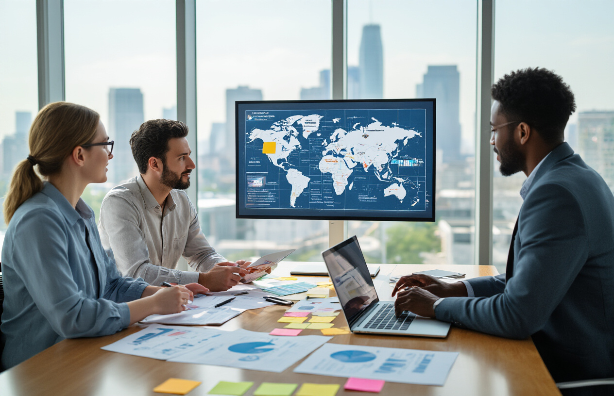 realistic image of a modern marketing strategy meeting room where a diverse group of travel industry professionals, including a white female and a black male, are analyzing traveler data displayed on a large screen showing maps, charts, and travel route visuals, with sticky notes and printed reports spread across a sleek conference table, laptops open, and a collaborative, focused atmosphere, lit with bright natural light from floor-to-ceiling windows overlooking a city skyline, conveying data-driven decision-making and strategic planning in the travel and tourism sector. Absolutely NO text should be in the scene.