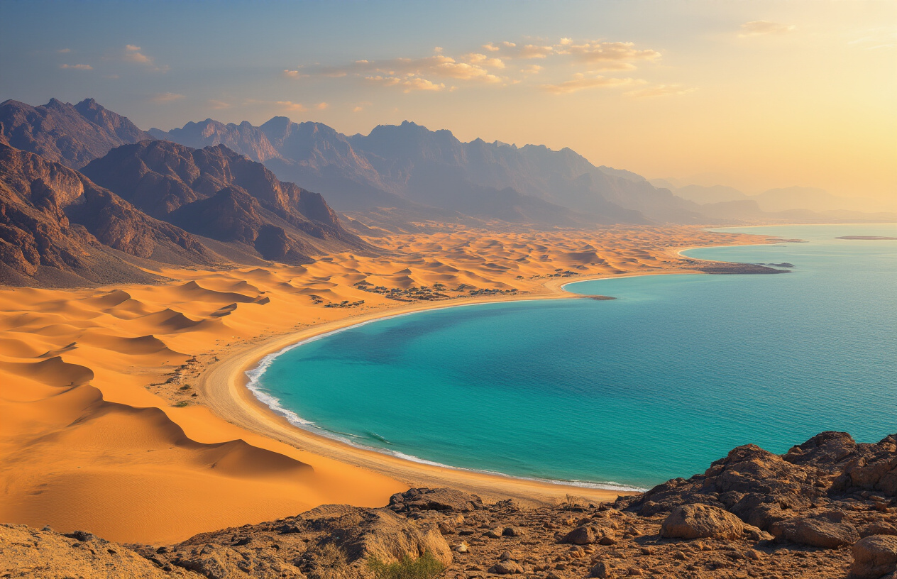 realistic image of a stunning panoramic view of Ras Al Khaimah's diverse landscape showcasing dramatic Hajar Mountains in the background, a pristine turquoise Arabian Gulf coastline in the foreground, with lush desert dunes visible in the middle ground, golden hour lighting casting warm tones across the scene, conveying a sense of untouched natural beauty and unique destination appeal, vibrant yet serene atmosphere highlighting the emirate's distinct multi-terrain charm, Absolutely NO text should be in the scene.