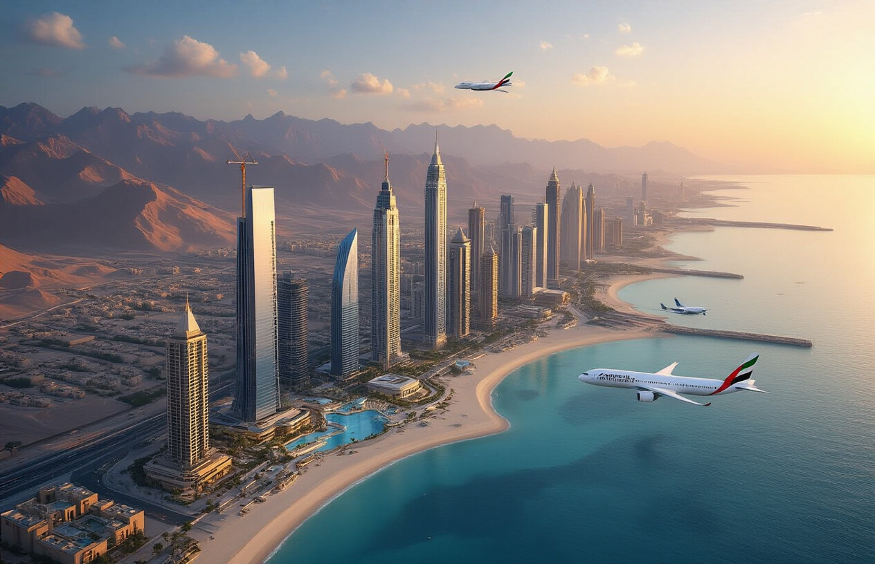 realistic image of a sweeping aerial view of Ras Al Khaimah's futuristic skyline in 2030, showcasing modern architectural landmarks, luxury resorts, and pristine coastline along the Arabian Gulf, with a grand vision board atmosphere featuring sleek glass skyscrapers under construction alongside natural mountain landscapes in the background, bathed in warm golden hour lighting that conveys ambition, growth, and progress, with Emirates aircraft visible in the distant sky symbolizing the aviation partnership, the overall scene radiating optimism and forward-thinking development energy. Absolutely NO text should be in the scene.