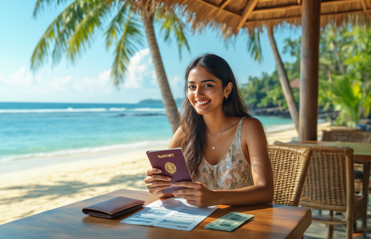 image of an Indian female traveler sitting at a sunny Bali beach café, smiling confidently while reviewing a passport and travel documents on a wooden table, with a clear blue ocean and lush tropical palm trees in the background, a small wallet with neatly organized currency visible beside the documents, warm golden sunlight creating a relaxed and satisfying mood, conveying a sense of smart travel planning and financial peace of mind. Absolutely NO text should be in the scene.