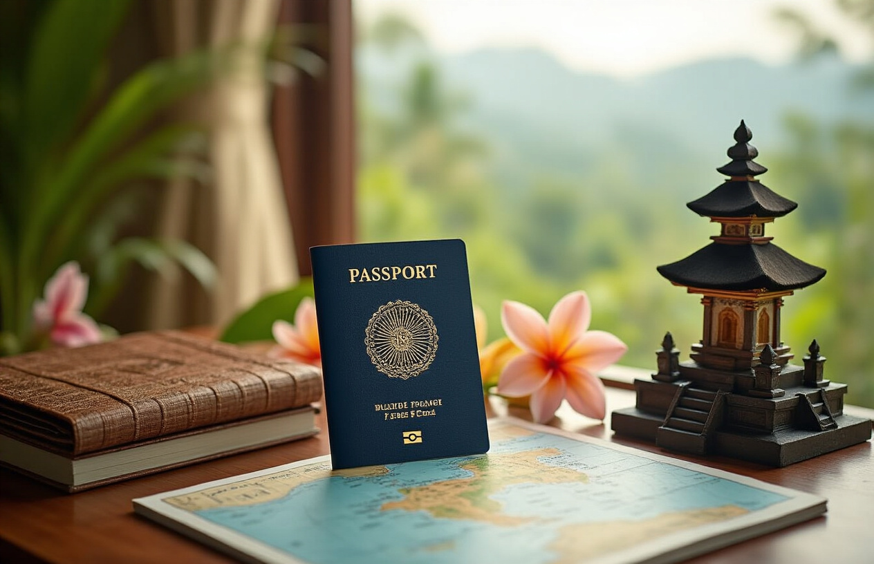 image of a neatly arranged travel planning scene featuring an Indian passport placed prominently on a wooden desk alongside a Bali travel brochure or map, with a small Balinese temple figurine and tropical flowers as complementary elements, soft natural daylight illuminating the scene, creating a warm and inviting mood that evokes travel anticipation, with a blurred tropical Bali landscape visible through a window in the background. Absolutely NO text should be in the scene.