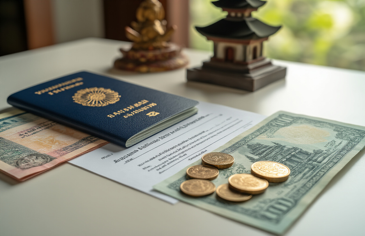 image of an official-looking document or fee schedule laid out on a clean desk surface, featuring an Indian passport with its dark blue cover placed beside it, along with Indonesian Rupiah currency notes and coins neatly arranged, a small Balinese temple ornament in the background for context, soft natural daylight illuminating the scene from the side, creating a clean and informative mood, with a crisp and organized composition that conveys transparency and financial planning. Absolutely NO text should be in the scene.
