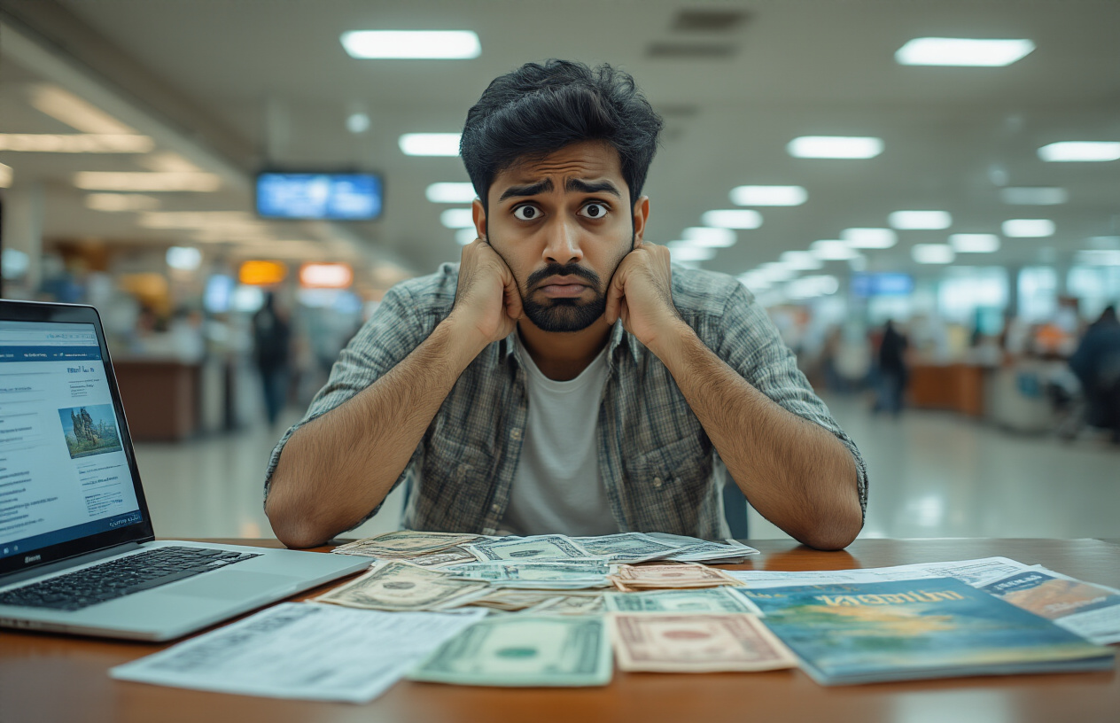 image of an Indian male traveler sitting at an airport or travel agency desk, looking confused and concerned while reviewing multiple currency exchange receipts and visa fee documents spread out in front of him, with a laptop open showing travel booking websites, a visible Bali travel brochure nearby, overhead fluorescent lighting casting a slightly stressful atmosphere, the background subtly showing a busy travel environment, capturing a sense of financial uncertainty and overpayment realization. Absolutely NO text should be in the scene.