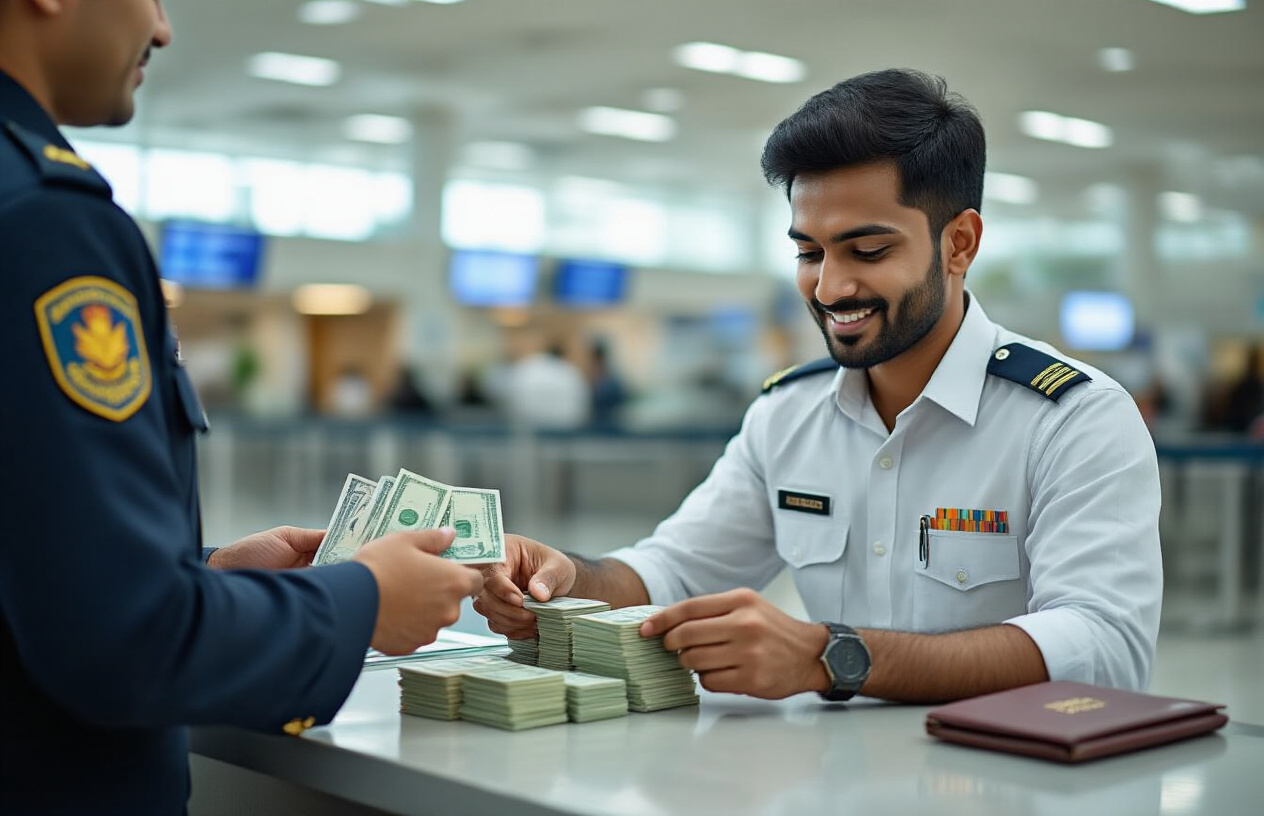 image of an Indian male traveler at a Bali airport immigration counter, carefully counting and handing over the correct amount of Indonesian Rupiah cash to a uniformed immigration officer, with a neat stack of organized currency notes and a passport visible on the counter, bright and clean airport lighting in the background, conveying a sense of confidence and preparedness, Absolutely NO text should be in the scene.
