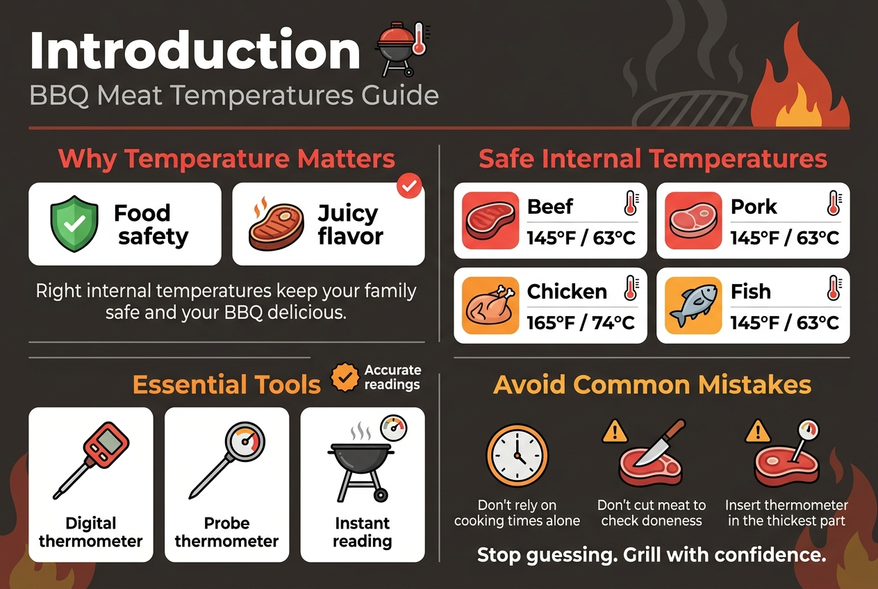 Create a clean, professional full-bleed infographic illustration in a 3:2 aspect ratio about BBQ meat temperatures, using a warm charcoal gray, red, orange, white, and subtle yellow color palette with bold sans-serif fonts and clear visual hierarchy.

Top header across the full width: large bold title text in white, "Introduction", with a smaller subtitle beneath it in light gray, "BBQ Meat Temperatures Guide". Add a small grill icon with a thermometer next to the title.

Below the header, divide the layout into 4 wide horizontal sections with balanced multi-column spacing, not a vertical stack:

1) Left wide section titled in red, "Why Temperature Matters"
Place two side-by-side callout blocks with icons:
- A green shield icon with the text, "Food safety"
- A juicy steak icon with the text, "Juicy flavor"
Add a short line of body text: "Right internal temperatures keep your family safe and your BBQ delicious."

2) Center-left section titled in orange, "Essential Tools"
Show three clear icons in a row:
- A digital meat thermometer
- A probe thermometer
- A grill with a small temperature gauge
Under each icon, include labels:
"Digital thermometer"
"Probe thermometer"
"Instant reading"
Add a small checkmark badge with the text, "Accurate readings"

3) Center-right section titled in red, "Safe Internal Temperatures"
Create four labeled temperature blocks with meat icons:
- Beef: "Beef" and "145°F / 63°C"
- Pork: "Pork" and "145°F / 63°C"
- Chicken: "Chicken" and "165°F / 74°C"
- Fish: "Fish" and "145°F / 63°C"
Use a clean grid, each block with a colored meat icon and bold temperature text. Add a small thermometer icon beside each temperature.

4) Right wide section titled in yellow-orange, "Avoid Common Mistakes"
Show three warning icons in a row:
- A clock icon with the text, "Don't rely on cooking times alone"
- A knife cutting into meat icon with the text, "Don't cut meat to check doneness"
- A thermometer placed in the side of meat icon with the text, "Insert thermometer in the thickest part"
Add a final bold caution line at the bottom: "Stop guessing. Grill with confidence."

Use subtle grill smoke and flame accents in the background, but keep the text highly legible. Include thin divider lines, rounded rectangular panels, and small checkmark and warning symbols for visual clarity. Maintain a modern, polished infographic style with strong contrast and no extra text beyond the phrases specified.