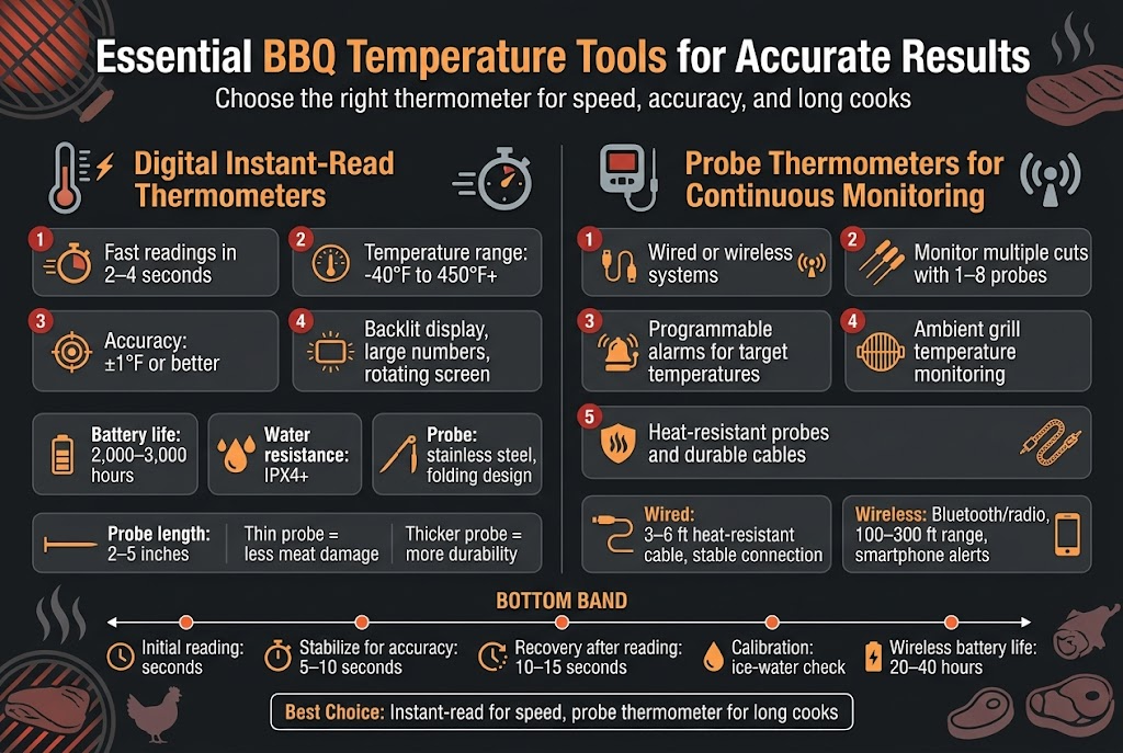 Create a full-bleed professional infographic in aspect ratio 3:2 with a clean modern BBQ theme, dark charcoal background with red, orange, steel gray, and white accents, bold sans-serif typography, high contrast, and clear visual hierarchy.

Top header across the full width:
Large bold title in white and orange: "Essential BBQ Temperature Tools for Accurate Results"
Subheading in smaller white text: "Choose the right thermometer for speed, accuracy, and long cooks"

Use a wide two-column layout with section blocks, icons, and short labeled callouts.

LEFT COLUMN — "Digital Instant-Read Thermometers"
Use a large thermometer icon and a quick-scan stopwatch icon.
Place a section header in orange: "Digital Instant-Read Thermometers"
Include 4 numbered feature blocks with small icons:
1. "Fast readings in 2–4 seconds" with a stopwatch icon
2. "Temperature range: -40°F to 450°F+" with a temperature gauge icon
3. "Accuracy: ±1°F or better" with a target icon
4. "Backlit display, large numbers, rotating screen" with a glowing screen icon

Below, add a compact specs row with three small badges:
"Battery life: 2,000–3,000 hours" with battery icon
"Water resistance: IPX4+" with water splash icon
"Probe: stainless steel, folding design" with folded probe icon

Add a small visual note strip:
"Probe length: 2–5 inches"
"Thin probe = less meat damage"
"Thicker probe = more durability"

RIGHT COLUMN — "Probe Thermometers for Continuous Monitoring"
Use a probe-and-grill icon and wireless signal icon.
Place a section header in orange: "Probe Thermometers for Continuous Monitoring"
Include 5 numbered feature blocks with icons:
1. "Wired or wireless systems" with cable icon and radio signal icon
2. "Monitor multiple cuts with 1–8 probes" with multiple probe icon
3. "Programmable alarms for target temperatures" with alarm bell icon
4. "Ambient grill temperature monitoring" with grill grate icon
5. "Heat-resistant probes and durable cables" with heat shield icon and braided cable icon

Add a lower-right comparison strip with two side-by-side mini panels:
"Wired: 3–6 ft heat-resistant cable, stable connection"
"Wireless: Bluetooth/radio, 100–300 ft range, smartphone alerts"
Include small phone icon next to wireless.

BOTTOM BAND across full width:
A clean horizontal comparison timeline with icons and short callouts:
"Initial reading: seconds"
"Stabilize for accuracy: 5–10 seconds"
"Recovery after reading: 10–15 seconds"
"Calibration: ice-water check"
"Wireless battery life: 20–40 hours"

Include a small final guidance box centered at the bottom with bold text:
"Best Choice: Instant-read for speed, probe thermometer for long cooks"

Add decorative BBQ visuals in the background corners only: subtle grill grate lines, smoke wisps, and a brisket, chicken, steak, and pork shoulder silhouette set in muted tones. Keep text large and readable. Use crisp section dividers, rounded rectangular cards, and clear icon markers for every key point. No photo realism, no clutter, no centered vertical poster layout.