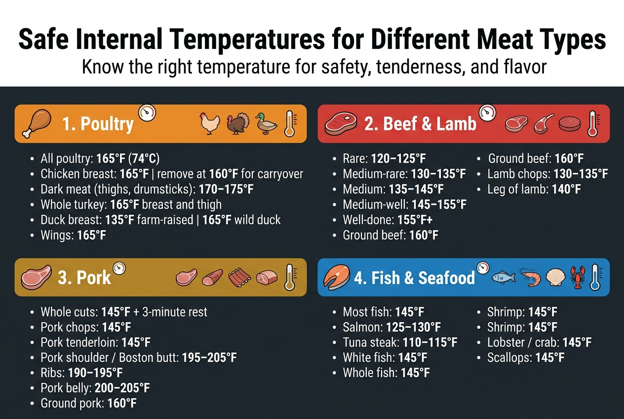 Create a clean, professional full-bleed infographic in a 3:2 aspect ratio, wide horizontal layout, with no poster frame and no inset margins. Use a bold top headline in large sans-serif type: "Safe Internal Temperatures for Different Meat Types". Place a smaller subtitle directly below: "Know the right temperature for safety, tenderness, and flavor". Use a modern palette with deep charcoal background, white text, and color-coded section blocks: warm orange for poultry, red for beef & lamb, golden brown for pork, and blue for fish & seafood.

Arrange the content in four wide horizontal sections or a 2x2 grid across the page, each with a clear numbered title, a thermometer icon, and small food icons.

SECTION 1, left top: orange block with chicken/turkey/duck icon and thermometer icon. Title text: "1. Poultry". Add short bullet lines with bold temperatures:
"All poultry: 165°F (74°C)"
"Chicken breast: 165°F | remove at 160°F for carryover"
"Dark meat (thighs, drumsticks): 170–175°F"
"Whole turkey: 165°F breast and thigh"
"Duck breast: 135°F farm-raised | 165°F wild duck"
"Wings: 165°F"

SECTION 2, right top: red block with steak, lamb chop, and ground beef icon. Title text: "2. Beef & Lamb". Add:
"Rare: 120–125°F"
"Medium-rare: 130–135°F"
"Medium: 135–145°F"
"Medium-well: 145–155°F"
"Well-done: 155°F+"
"Ground beef: 160°F"
"Lamb chops: 130–135°F"
"Leg of lamb: 140°F"

SECTION 3, left bottom: golden-brown block with pork chop, tenderloin, ribs, shoulder icon. Title text: "3. Pork". Add:
"Whole cuts: 145°F + 3-minute rest"
"Pork chops: 145°F"
"Pork tenderloin: 145°F"
"Pork shoulder / Boston butt: 195–205°F"
"Ribs: 190–195°F"
"Pork belly: 200–205°F"
"Ground pork: 160°F"

SECTION 4, right bottom: blue block with fish, shrimp, scallop, lobster icon. Title text: "4. Fish & Seafood". Add:
"Most fish: 145°F"
"Salmon: 125–130°F"
"Tuna steak: 110–115°F"
"White fish: 145°F"
"Whole fish: 145°F"
"Shrimp: 145°F"
"Lobster / crab: 145°F"
"Scallops: 145°F"

Use clear visual hierarchy: large title at top, medium section headings, smaller temperature lines, with temperature numbers in bold. Add small circular thermometer symbols beside each section title. Include simple food illustrations or icons near each section title: chicken leg, steak, pork chop, fish fillet. Use subtle dividers, tidy alignment, and ample spacing for readability. Keep the layout balanced and wide, with sections stretching horizontally across the canvas.