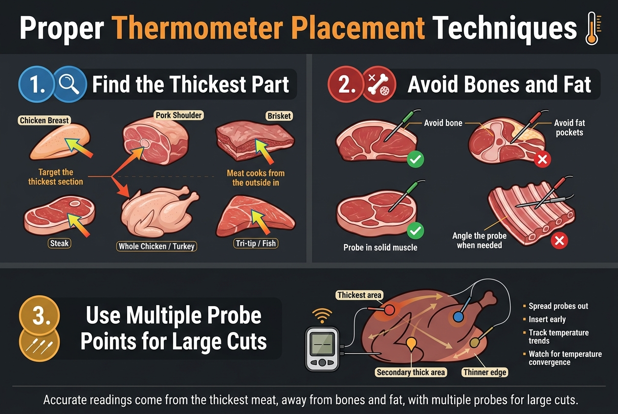 Create a full-bleed professional infographic in a 3:2 aspect ratio about BBQ thermometer placement, with a clean modern layout, wide horizontal sections, no poster frame, no inset margins. Use a dark charcoal background with warm orange, red, gold, and white accents. Use bold sans-serif typography with clear hierarchy.

Top header across the full width: large bold title in white and orange text, exact text: "Proper Thermometer Placement Techniques". Add a small thermometer icon beside the title.

Below the header, divide the infographic into three wide horizontal panels with numbered section badges and clear icons:

1) Left-upper wide panel: title text "1. Find the Thickest Part" with a blue circular badge containing the number 1 and a magnifying glass icon. Show illustrated cuts of meat labeled with small callouts: "Chicken Breast", "Pork Shoulder", "Brisket", "Steak", "Whole Chicken / Turkey", and "Tri-tip / Fish". Use bright arrows pointing to the thickest center area of each cut. Include short callout text: "Target the thickest section" and "Meat cooks from the outside in".

2) Middle-right wide panel: title text "2. Avoid Bones and Fat" with a red circular badge containing the number 2 and a bone icon plus a fat marbling icon. Show cross-section meat illustrations with a probe placed correctly in solid muscle and incorrectly near bone or fat, using green check marks for correct placement and red X marks for wrong placement. Include concise labels: "Avoid bone", "Avoid fat pockets", "Probe in solid muscle", "Angle the probe when needed". Show a rib cut with the probe positioned parallel between bones.

3) Bottom full-width panel: title text "3. Use Multiple Probe Points for Large Cuts" with a gold circular badge containing the number 3 and three small probe icons. Show a large brisket or turkey silhouette with three colored probe markers placed in different areas, connected to a wireless thermometer display. Add small labels near each probe: "Thickest area", "Secondary thick area", "Thinner edge". Include a small side note block with the exact text: "Spread probes out", "Insert early", "Track temperature trends", "Watch for temperature convergence". Show subtle arrows across the cut indicating uneven heat zones.

Add a small footer bar with a simple summary line in white text: "Accurate readings come from the thickest meat, away from bones and fat, with multiple probes for large cuts."

Use clean vector-style food illustrations, strong contrast, crisp labels, and balanced spacing. Keep all text legible, minimal, and organized into clear blocks with icons and callouts.