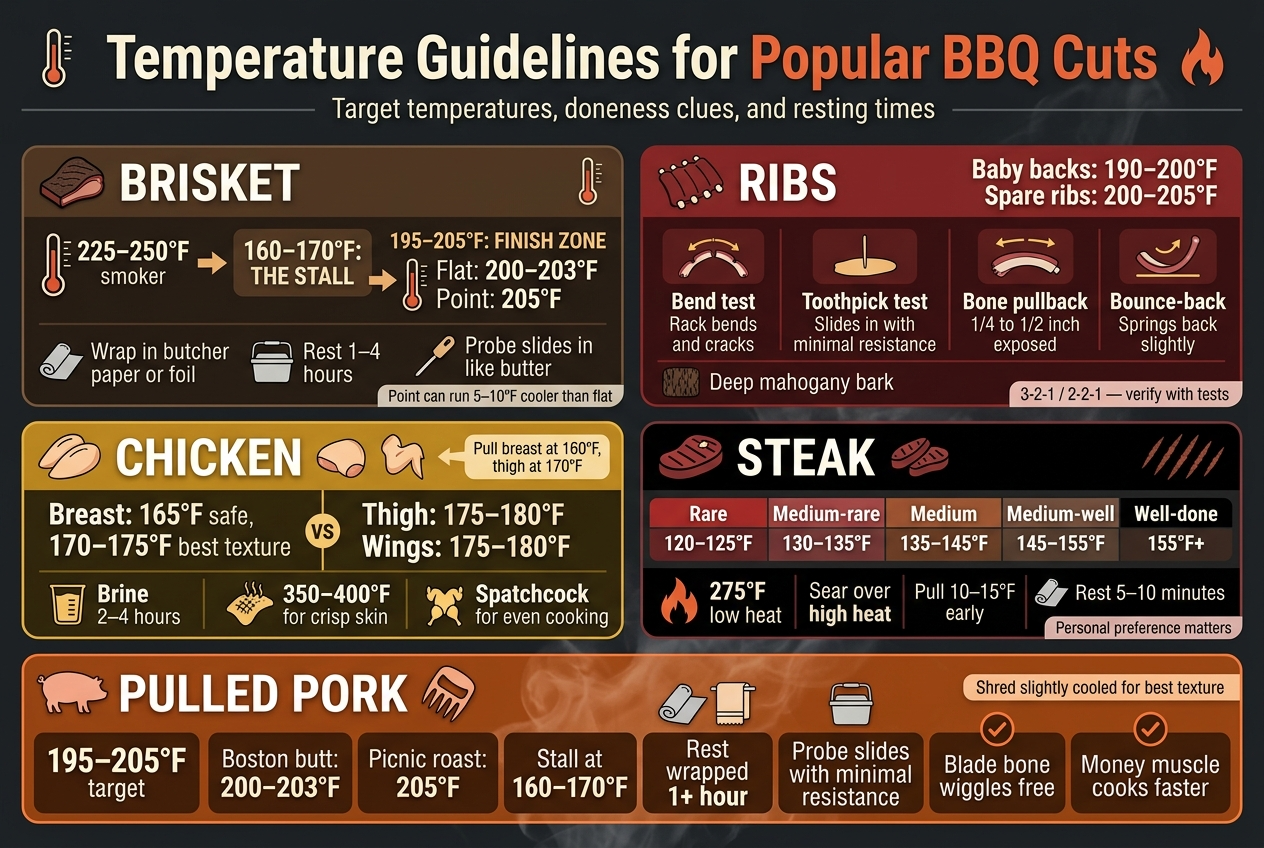 Create a full-bleed landscape infographic in 3:2 aspect ratio with a clean professional BBQ theme, dark charcoal background, warm orange-red highlights, cream text, and subtle smoke/grill texture. Use bold modern sans-serif fonts with clear hierarchy. Add a large title across the top: "Temperature Guidelines for Popular BBQ Cuts". Place a small line of subtitle text under the title: "Target temperatures, doneness clues, and resting times". Use a wide multi-section layout, not a vertical poster.

Top band:
- Large title centered across the top in white and orange.
- Small thermometer and flame icons near the title.

Main body arranged in five horizontal/column sections with colored blocks and simple icons:

1) Left upper large section: "BRISKET"
- Dark brown panel with a smoked brisket icon and thermometer icon.
- Include these bold milestone labels with arrows or a mini temperature scale:
  - "225–250°F smoker"
  - "160–170°F: THE STALL"
  - "195–205°F: FINISH ZONE"
  - "Flat: 200–203°F"
  - "Point: 205°F"
- Add a small wrap icon with text: "Wrap in butcher paper or foil"
- Add a resting cooler icon with text: "Rest 1–4 hours"
- Add a probe icon with text: "Probe slides in like butter"
- Add a tiny note strip: "Point can run 5–10°F cooler than flat"

2) Right upper section: "RIBS"
- Deep red panel with rib rack icon.
- Include:
  - "Baby backs: 190–200°F"
  - "Spare ribs: 200–205°F"
- Add four small visual test icons with labels:
  - Bend test: "Rack bends and cracks"
  - Toothpick test: "Slides in with minimal resistance"
  - Bone pullback: "1/4 to 1/2 inch exposed"
  - Bounce-back: "Springs back slightly"
- Add bark icon label: "Deep mahogany bark"
- Small method tag: "3-2-1 / 2-2-1 — verify with tests"

3) Middle left section: "CHICKEN"
- Golden yellow panel with chicken breast, thigh, and wing icons.
- Use split layout showing white meat vs dark meat:
  - "Breast: 165°F safe, 170–175°F best texture"
  - "Thigh: 175–180°F"
  - "Wings: 175–180°F"
- Add small note with arrow: "Pull breast at 160°F, thigh at 170°F"
- Include a brine icon and text: "Brine 2–4 hours"
- Include a skin crisp icon and text: "350–400°F for crisp skin"
- Add tiny spatchcock icon and text: "Spatchcock for even cooking"

4) Middle right section: "STEAK"
- Black and burgundy panel with steak slices icon and sear marks.
- Show a horizontal doneness bar from left to right with labeled temperature markers:
  - "Rare 120–125°F"
  - "Medium-rare 130–135°F"
  - "Medium 135–145°F"
  - "Medium-well 145–155°F"
  - "Well-done 155°F+"
- Add a reverse sear icon and text:
  - "275°F low heat"
  - "Sear over high heat"
  - "Pull 10–15°F early"
- Add rest note with foil icon: "Rest 5–10 minutes"
- Include a small note strip: "Personal preference matters"

5) Bottom full-width section: "PULLED PORK"
- Smoky orange panel spanning the width with pork shoulder icon and shredding fork/claw icon.
- Include the key points in large readable blocks:
  - "195–205°F target"
  - "Boston butt: 200–203°F"
  - "Picnic roast: 205°F"
  - "Stall at 160–170°F"
  - "Rest wrapped 1+ hour"
  - "Probe slides with minimal resistance"
  - "Blade bone wiggles free"
  - "Money muscle cooks faster"
- Add small foil wrap, towel, and cooler icons near the resting text.
- Add small shredding note: "Shred slightly cooled for best texture"

Use simple thermometer markers, check symbols, arrows, and small pictograms for each test. Keep text crisp, concise, and highly legible. Arrange sections in a balanced grid with strong visual separation, wide spacing, and clear icons. No photo-realism, no clutter, no extra text beyond the listed labels.