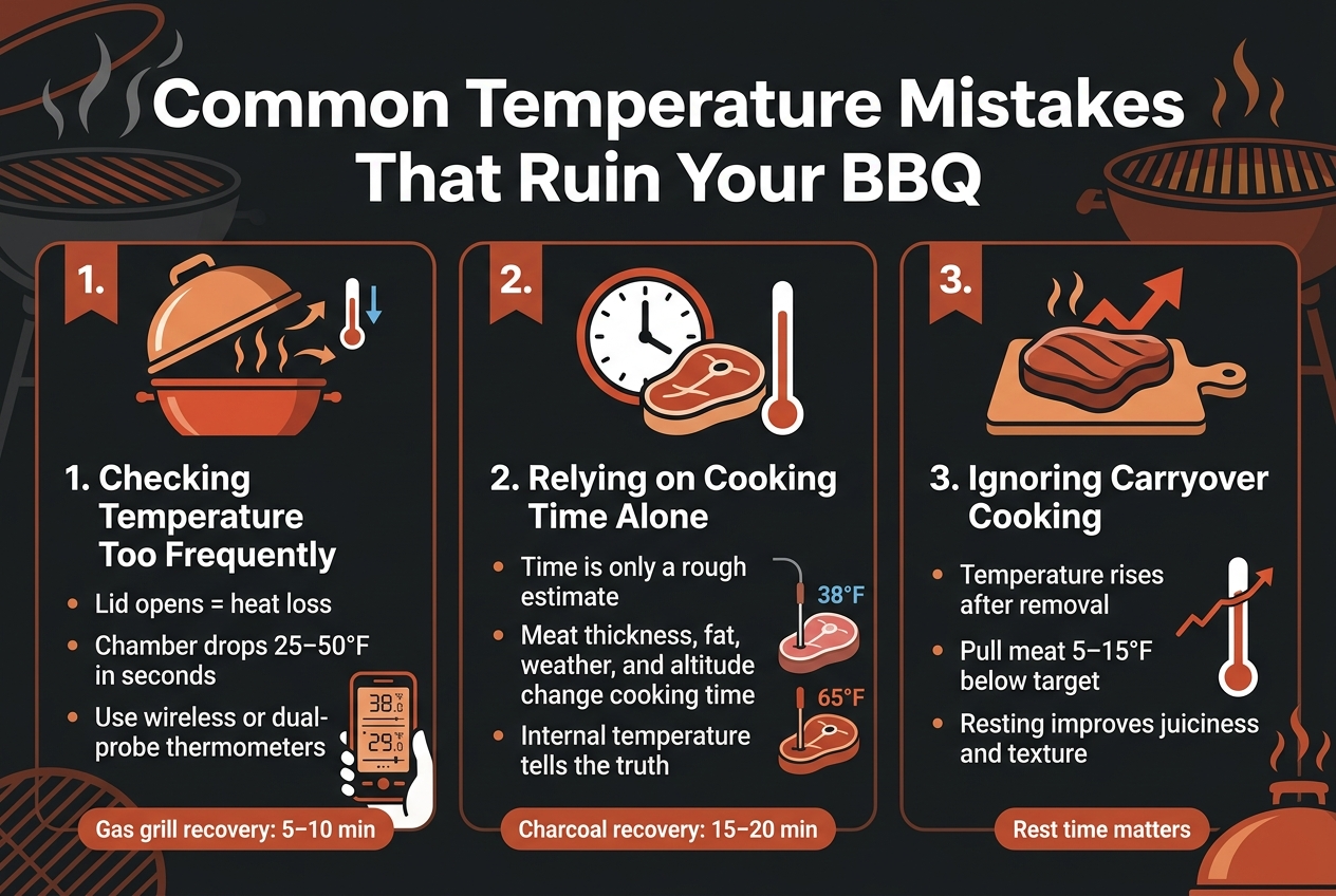 Create a full-bleed professional infographic illustration in a 3:2 aspect ratio with a clean modern barbecue theme, dark charcoal background, warm orange-red accents, and crisp white text. Use bold sans-serif fonts for headings and smaller readable sans-serif text for details. Place a large title across the top center: "Common Temperature Mistakes That Ruin Your BBQ".

Organize the infographic into 3 wide horizontal sections or 3 side-by-side panels across the lower two-thirds of the image, each with a numbered badge, a clear icon, a bold subheading, and 2–3 short bullet points.

Section 1 on the left: show an icon of a BBQ grill lid opening with heat escaping upward and a small thermometer dropping. Subheading: "1. Checking Temperature Too Frequently". Bullet points: "Lid opens = heat loss", "Chamber drops 25–50°F in seconds", "Use wireless or dual-probe thermometers". Add a small visual of a phone or remote display showing temperature readings.

Section 2 in the center: show an icon of a clock next to a steak and a thermometer. Subheading: "2. Relying on Cooking Time Alone". Bullet points: "Time is only a rough estimate", "Meat thickness, fat, weather, and altitude change cooking time", "Internal temperature tells the truth". Add a small side graphic of two steaks with different starting temperatures, one marked "38°F" and the other "65°F".

Section 3 on the right: show an icon of a resting brisket or steak with a rising temperature arrow and a cutting board. Subheading: "3. Ignoring Carryover Cooking". Bullet points: "Temperature rises after removal", "Pull meat 5–15°F below target", "Resting improves juiciness and texture". Add a small thermometer graphic showing the temperature rising during rest.

Use clear visual hierarchy: title at top, numbered section headings in bold, bullet points beneath each. Include small accent labels near the bottom of each section: "Gas grill recovery: 5–10 min", "Charcoal recovery: 15–20 min", and "Rest time matters". Add subtle background barbecue elements like grill grates, smoke, and heat waves, but keep the layout uncluttered and easy to read. Use neat alignment, strong contrast, and polished infographic styling.