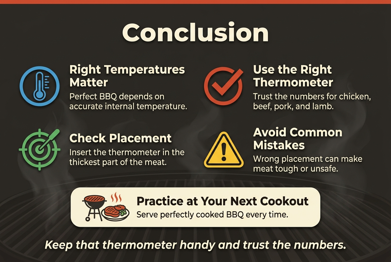 Create a full-bleed infographic illustration in 3:2 aspect ratio with a clean professional BBQ theme, warm charcoal gray background, red-orange accents, cream text, and subtle smoke and grill textures. Use modern bold sans-serif typography with clear hierarchy.

Top center: large bold heading in white text, "Conclusion"

Below the heading, arrange four wide horizontal sections in a clean 2-column layout, each with a colored icon and a short text block:

Top left section: a blue circular thermometer icon beside bold text "Right Temperatures Matter" and smaller text "Perfect BBQ depends on accurate internal temperature."

Top right section: a red checkmark-in-circle icon beside bold text "Use the Right Thermometer" and smaller text "Trust the numbers for chicken, beef, pork, and lamb."

Bottom left section: a green target icon showing a thermometer tip placement beside bold text "Check Placement" and smaller text "Insert the thermometer in the thickest part of the meat."

Bottom right section: a yellow warning triangle icon beside bold text "Avoid Common Mistakes" and smaller text "Wrong placement can make meat tough or unsafe."

Across the lower center, include a wide highlighted banner with a grill and plated meat icon, and bold text "Practice at Your Next Cookout" followed by smaller text "Serve perfectly cooked BBQ every time."

At the very bottom, add a confident closing line in italic style: "Keep that thermometer handy and trust the numbers."

Use crisp flat vector icons, subtle drop shadows, strong alignment, and ample spacing. No borders, no poster frame, no centered vertical stack.
