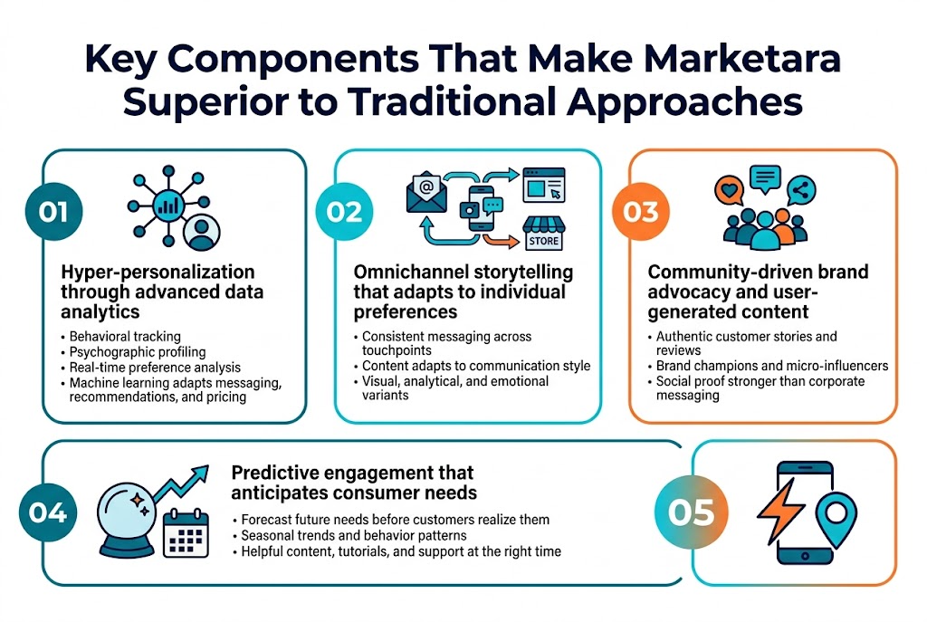 Create a full-bleed professional infographic illustration in a 3:2 aspect ratio, wide horizontal layout, modern clean corporate style, white background with deep navy, teal, cyan, and accent orange. Use bold sans-serif typography, strong visual hierarchy, crisp vector icons, subtle gradients, and clear section dividers. Place a large title across the top center in dark navy:

"Key Components That Make Marketara Superior to Traditional Approaches"

Below the title, arrange five wide horizontal content blocks in a 2-row layout: three blocks across the upper middle and two larger blocks across the lower middle, with icons and numbered labels. Use clean rounded rectangles, thin lines, and consistent spacing.

Block 1, upper left:
Number circle "01" in teal.
Blue data analytics icon with connected nodes and a customer silhouette.
Heading: "Hyper-personalization through advanced data analytics"
Short text:
"Behavioral tracking"
"Psychographic profiling"
"Real-time preference analysis"
"Machine learning adapts messaging, recommendations, and pricing"

Block 2, upper center:
Number circle "02" in cyan.
Icon showing multiple connected channels: email envelope, social media phone, website screen, and store sign linked by flowing arrows.
Heading: "Omnichannel storytelling that adapts to individual preferences"
Short text:
"Consistent messaging across touchpoints"
"Content adapts to communication style"
"Visual, analytical, and emotional variants"

Block 3, upper right:
Number circle "03" in orange.
Icon of a group of people with heart, chat bubble, and share symbols.
Heading: "Community-driven brand advocacy and user-generated content"
Short text:
"Authentic customer stories and reviews"
"Brand champions and micro-influencers"
"Social proof stronger than corporate messaging"

Block 4, lower left, wider block:
Number circle "04" in teal.
Icon of a crystal ball, upward trend line, and calendar.
Heading: "Predictive engagement that anticipates consumer needs"
Short text:
"Forecast future needs before customers realize them"
"Seasonal trends and behavior patterns"
"Helpful content, tutorials, and support at the right time"

Block 5, lower right, wider block:
Number circle "05" in cyan-orange gradient.
Icon of a lightning bolt over a smartphone with a location pin and