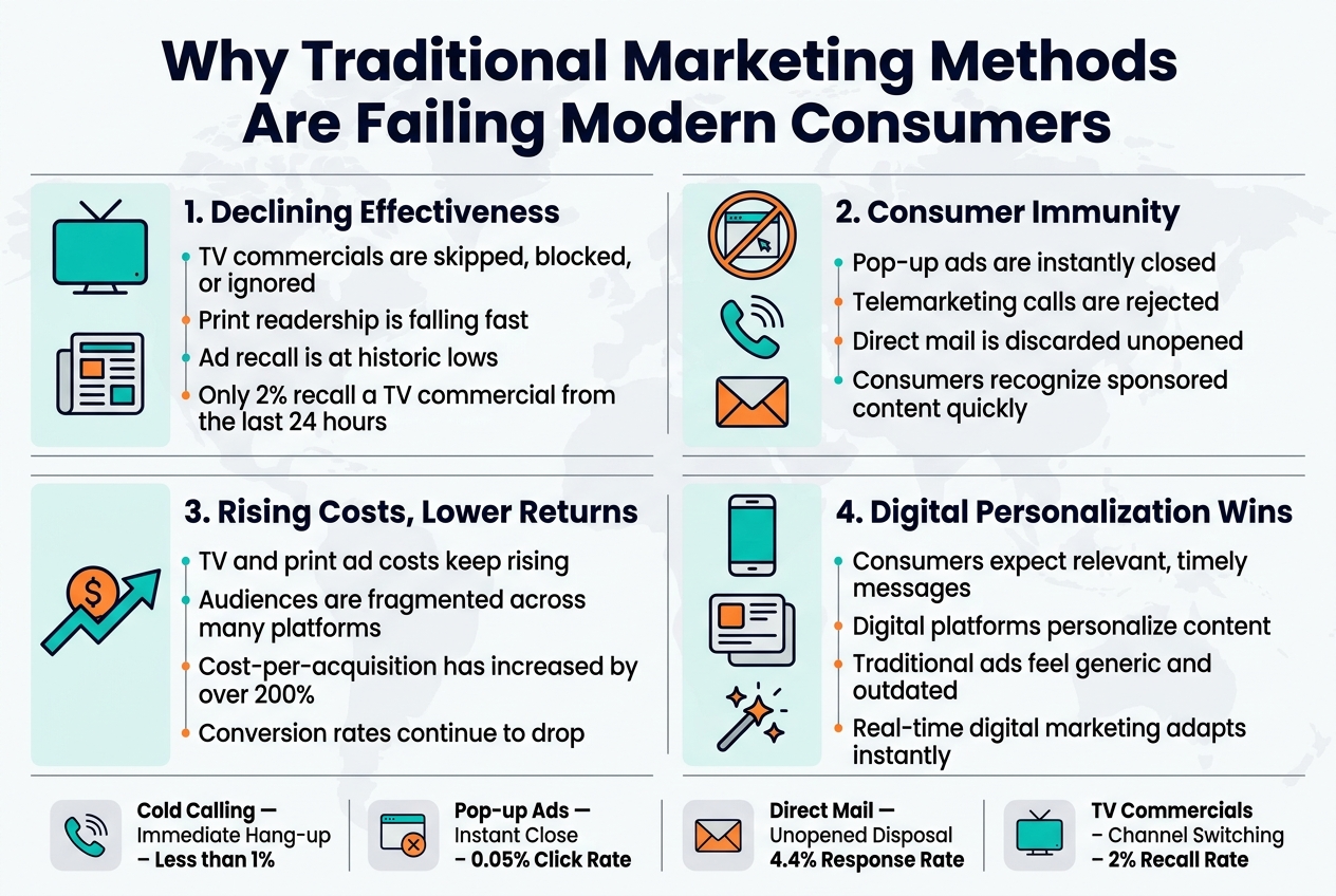 Create a clean, modern full-bleed infographic in landscape format, aspect ratio 3:2, with a white background, dark navy headings, teal and orange accent colors, and subtle gray divider lines. Use a bold sans-serif font for titles and a readable sans-serif font for body text. Place a large bold heading across the top: "Why Traditional Marketing Methods Are Failing Modern Consumers"

Below the title, arrange four wide horizontal content blocks in a 2x2 grid with clear icons on the left of each block and short bullet-style text on the right.

Top left block: a TV screen icon and a newspaper icon. Heading: "1. Declining Effectiveness". Include these lines:
"TV commercials are skipped, blocked, or ignored"
"Print readership is falling fast"
"Ad recall is at historic lows"
"Only 2% recall a TV commercial from the last 24 hours"

Top right block: a crossed-out pop-up ad icon, phone icon, and envelope icon. Heading: "2. Consumer Immunity". Include these lines:
"Pop-up ads are instantly closed"
"Telemarketing calls are rejected"
"Direct mail is discarded unopened"
"Consumers recognize sponsored content quickly"

Center left block: a rising cost arrow icon with a dollar symbol. Heading: "3. Rising Costs, Lower Returns". Include these lines:
"TV and print ad costs keep rising"
"Audiences are fragmented across many platforms"
"Cost-per-acquisition has increased by over 200%"
"Conversion rates continue to drop"

Center right block: a smartphone icon, personalized feed cards, and a sparkle or star icon. Heading: "4. Digital Personalization Wins". Include these lines:
"Consumers expect relevant, timely messages"
"Digital platforms personalize content"
"Traditional ads feel generic and outdated"
"Real-time digital marketing adapts instantly"

Add a slim comparison strip along the bottom with four small labeled metric boxes and simple icons:
"Cold Calling — Immediate Hang-up — Less than 1%"
"Pop-up Ads — Instant Close — 0.05% Click Rate"
"Direct Mail — Unopened Disposal — 4.4% Response Rate"
"TV Commercials — Channel Switching — 2% Recall Rate"

Include subtle background