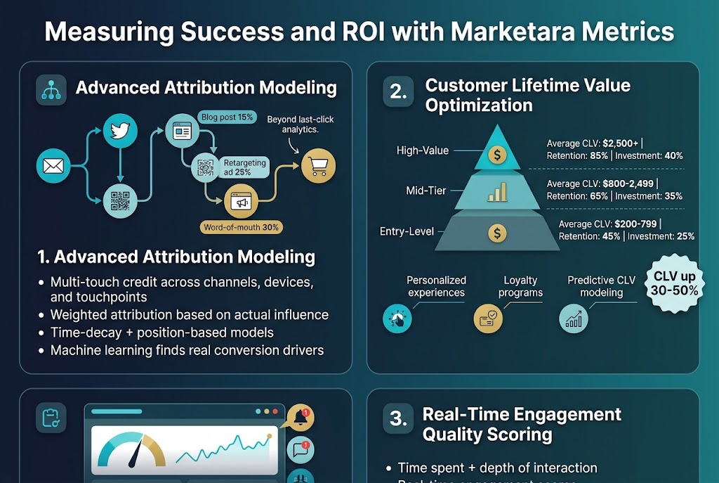 Create a clean, modern full-bleed infographic in a 3:2 landscape aspect ratio, with a dark navy-to-teal gradient background, white text, cyan and gold accent colors, and a professional sans-serif font. Place a bold large title across the top center: "Measuring Success and ROI with Marketara Metrics". Use a wide horizontal layout with four equal content sections arranged in a 2x2 grid, each in a rounded rectangular panel with subtle shadows and clear icons.

Top-left panel: a multi-touch attribution flow diagram with connected channel icons (email, social media, blog, QR code, event, retargeting ad) leading to a purchase icon. Add the heading "1. Advanced Attribution Modeling" and these bullets:
"Multi-touch credit across channels, devices, and touchpoints"
"Weighted attribution based on actual influence"
"Time-decay + position-based models"
"Machine learning finds real conversion drivers"
Show sample credit labels near the flow: "Blog post 15%", "Retargeting ad 25%", "Word-of-mouth 30%". Include a small comparison label: "Beyond last-click analytics".

Top-right panel: a CLV growth pyramid or stacked tier chart with three levels and a dollar icon. Add the heading "2. Customer Lifetime Value Optimization" and these labels:
"High-Value"
"Mid-Tier"
"Entry-Level"
Beside each tier, show:
"Average CLV: $2,500+ | Retention: 85% | Investment: 40%"
"Average CLV: $800-2,499 | Retention: 65% | Investment: 35%"
"Average CLV: $200-799 | Retention: 45% | Investment: 25%"
Add small supporting callouts with icons: "Personalized experiences", "Loyalty programs", "Predictive CLV modeling". Include a side note badge: "CLV up 30-50%".

Bottom-left panel: a real-time engagement score dashboard with a gauge, sparkline, and notification icons. Add the heading "3. Real-Time Engagement Quality Scoring" and these bullets:
"Time spent + depth of interaction"