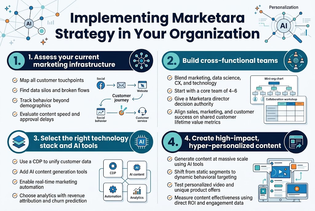 Create a clean, professional infographic illustration in a 3:2 aspect ratio with a full-bleed layout and no outer frame. Use a modern corporate style with white background, deep navy headings, teal and blue accents, and small orange highlights. Use a bold sans-serif font for headings and a clean readable sans-serif for body text. 

Top center: large bold title in dark navy text, "Implementing Marketara Strategy in Your Organization". Add a subtle abstract network/personalization graphic behind the title with connected nodes, data lines, and small AI sparkle icons.

Below the title, divide the canvas into four wide horizontal sections or a 2x2 grid with clear visual separation, each section with a colored header bar, a numbered circle, and a matching icon.

Section 1, left upper: heading text "1. Assess your current marketing infrastructure" with an icon of connected touchpoints. Include 4 short bullet lines with small check icons:
- "Map all customer touchpoints"
- "Find data silos and broken flows"
- "Track behavior beyond demographics"
- "Evaluate content speed and approval delays"
Add tiny icons for social media, email, website, and customer service around a central customer journey path.

Section 2, right upper: heading text "2. Build cross-functional teams" with an icon of a team of people around a hub. Include 4 short bullet lines:
- "Blend marketing, data science, CX, and technology"
- "Start with a core team of 4–6"
- "Give a Marketara director decision authority"
- "Align sales, marketing, and customer success on shared customer lifetime value metrics"
Show a small mini-org chart and a collaboration workshop table graphic.

Section 3, left lower: heading text "3. Select the right technology stack and AI tools" with an icon of stacked software layers and an AI chip. Include 4 short bullet lines:
- "Use a CDP to unify customer data"
- "Add AI content generation tools"
- "Enable real-time marketing automation"
- "Choose analytics with revenue attribution and churn prediction"
Add visible connected app tiles for CDP, AI content, automation, and analytics