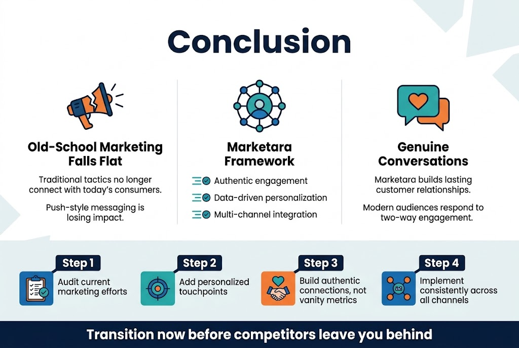 Aspect ratio 3:2, full-bleed clean professional infographic in a modern corporate style, white background with deep navy, teal, and orange accents, crisp sans-serif typography.

Top center: large bold heading in dark navy text: "Conclusion"

Below the heading, a wide 3-column horizontal layout with clear section blocks and icons:

Left block:
A broken megaphone icon in orange and navy.
Bold subheading: "Old-School Marketing Falls Flat"
Body text:
"Traditional tactics no longer connect with today's consumers."
"Push-style messaging is losing impact."

Center block:
A circular network icon with connected dots, teal and blue.
Bold subheading: "Marketara Framework"
Three short stacked lines with small check icons:
"Authentic engagement"
"Data-driven personalization"
"Multi-channel integration"

Right block:
A speech bubble with heart icon in teal and orange.
Bold subheading: "Genuine Conversations"
Body text:
"Marketara builds lasting customer relationships."
"Modern audiences respond to two-way engagement."

Bottom wide section spanning the full width, divided into 4 numbered steps with small icons and colored boxes:
1. Clipboard audit icon
Text: "Audit current marketing efforts"
2. Targeting icon
Text: "Add personalized touchpoints"
3. Heart and handshake icon
Text: "Build authentic connections, not vanity metrics"
4. Connected channels icon
Text: "Implement consistently across all channels"

Bottom banner across the page in dark navy with white bold text:
"Transition now before competitors leave you behind"

Use strong visual hierarchy, generous spacing, clean alignment, subtle geometric background shapes, no poster frame, no inset margins, no clutter.