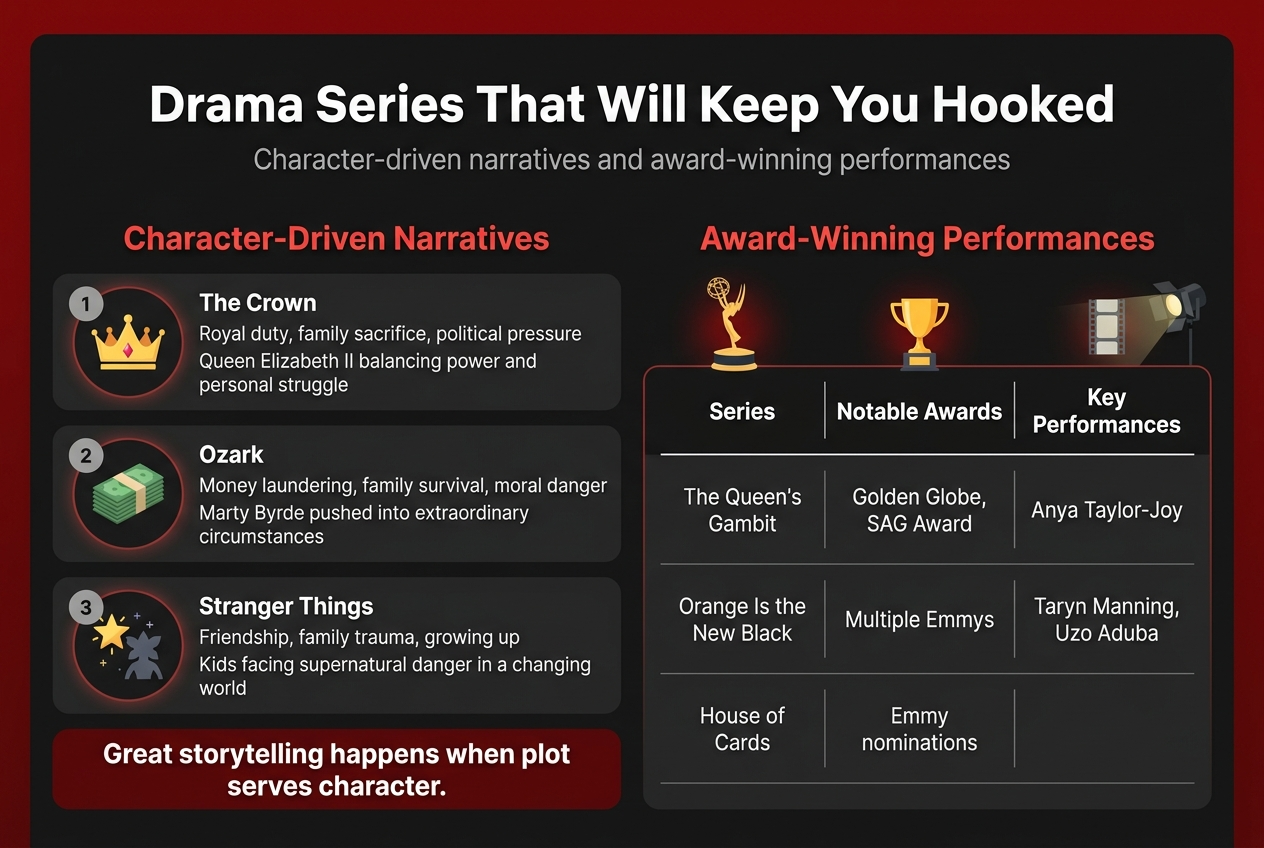 Create a full-bleed horizontal infographic in 3:2 aspect ratio with a clean modern Netflix-inspired design, dark charcoal background with deep red accents, white and light-gray text, bold sans-serif fonts, and subtle glow highlights. Use a wide layout with two main columns and clear visual hierarchy.

At the top center, place a large bold heading in white: "Drama Series That Will Keep You Hooked"
Directly beneath it, add a smaller subtitle in light gray: "Character-driven narratives and award-winning performances"

Left side: a wide section titled in red: "Character-Driven Narratives"
Use three stacked feature blocks with numbered circular icons and simple illustrative symbols.

1. A gold crown icon beside the text:
   "The Crown"
   "Royal duty, family sacrifice, political pressure"
   "Queen Elizabeth II balancing power and personal struggle"

2. A stack of money icon beside the text:
   "Ozark"
   "Money laundering, family survival, moral danger"
   "Marty Byrde pushed into extraordinary circumstances"

3. A glowing star and monster silhouette icon beside the text:
   "Stranger Things"
   "Friendship, family trauma, growing up"
   "Kids facing supernatural danger in a changing world"

At the bottom of the left section, add a bold takeaway strip in dark red with white text:
"Great storytelling happens when plot serves character."

Right side: a section titled in red: "Award-Winning Performances"
Use a polished awards-theme layout with an Emmy statue icon, trophy icon, and film spotlight accents. Include a clean table-like block with four rows and thin divider lines.

Table header row in bold white:
"Series | Notable Awards | Key Performances"

Rows in white and light gray text:
"The Queen's Gambit | Golden Globe, SAG Award | Anya Taylor-Joy"
"Orange Is the New Black | Multiple Emmys | Taryn Manning, Uzo Aduba"
"House of Cards | Emmy nominations |
