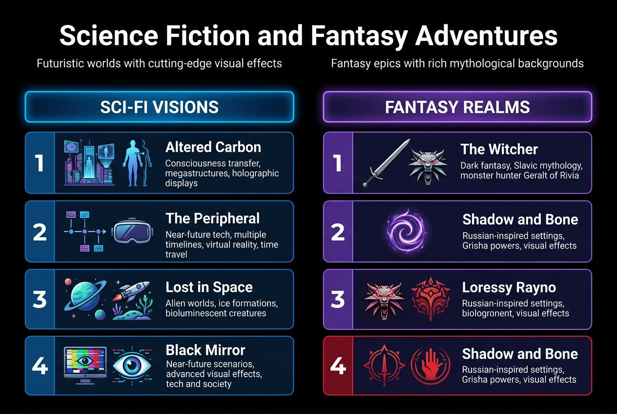 Create a full-bleed professional infographic in a 3:2 aspect ratio with a cinematic Netflix-inspired palette of deep black, dark navy, electric blue, violet, and red accents. Use a clean modern sans-serif font with strong hierarchy. Place a bold top heading across the upper center: "Science Fiction and Fantasy Adventures". Add a smaller subtitle beneath it: "Futuristic worlds with cutting-edge visual effects" on the left and "Fantasy epics with rich mythological backgrounds" on the right.

Design a wide two-column layout with no vertical poster frame and no inset margins. Use clear section headers, numbered blocks, and icons for each item.

LEFT COLUMN: SCIENCE FICTION
Use a glowing blue header bar with the text "SCI-FI VISIONS" and four horizontal numbered cards stacked in two rows.

1. Place a cyberpunk city icon with holograms and a body-swap silhouette. Text: "Altered Carbon" and below it "Consciousness transfer, megastructures, holographic displays".
2. Place a timeline and VR headset icon. Text: "The Peripheral" and below it "Near-future tech, multiple timelines, virtual reality, time travel".
3. Place a planet and spaceship icon with alien flora. Text: "Lost in Space" and below it "Alien worlds, ice formations, bioluminescent creatures".
4. Place a glitch screen and digital eye icon. Text: "Black Mirror" and below it "Near-future scenarios, advanced visual effects, tech and society".

RIGHT COLUMN: FANTASY EPICS
Use a glowing violet header bar with the text "FANTASY REALMS" and four horizontal numbered cards stacked in two rows.

1. Place a silver sword and wolf medallion icon. Text: "The Witcher" and below it "Dark fantasy, Slavic mythology, monster hunter Geralt of Rivia".
2. Place a glowing Grisha magic swirl icon. Text: "Shadow and Bone" and below it "Russian-inspired settings, Grisha powers,