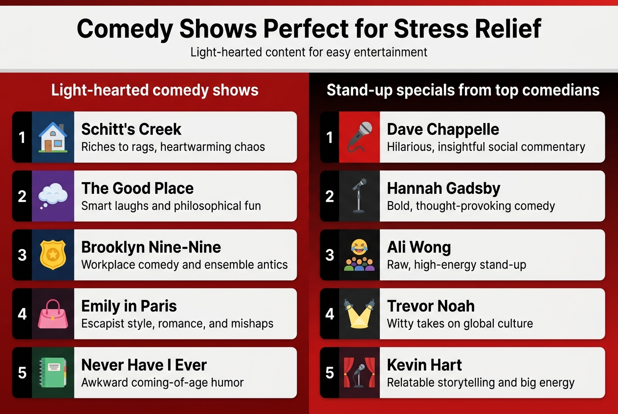 Create a clean, professional infographic illustration in a 3:2 aspect ratio with a full-bleed layout, no frame, no inset border, and no narrow centered vertical stack. Use a modern Netflix-inspired palette of deep red, black, white, and soft gray with bright accent colors for icons. Use bold sans-serif typography for headings and clear readable sans-serif text for body labels.

Top banner across the full width:
Large bold title centered at the top: "Comedy Shows Perfect for Stress Relief"
Small subtitle directly beneath: "Light-hearted content for easy entertainment"

Below the title, split the infographic into two wide horizontal sections with clear color blocks and simple visual icons.

LEFT SECTION:
Heading: "Light-hearted comedy shows"
Place five numbered horizontal cards stacked in two columns within the left half, each card with a small colorful icon on the left and the show title in bold, followed by a short descriptor line.

1. Blue house icon — "Schitt's Creek" — "Riches to rags, heartwarming chaos"
2. Purple afterlife cloud icon — "The Good Place" — "Smart laughs and philosophical fun"
3. Yellow police badge icon — "Brooklyn Nine-Nine" — "Workplace comedy and ensemble antics"
4. Pink fashion bag icon — "Emily in Paris" — "Escapist style, romance, and mishaps"
5. Green teen notebook icon — "Never Have I Ever" — "Awkward coming-of-age humor"

RIGHT SECTION:
Heading: "Stand-up specials from top comedians"
Place five numbered horizontal cards stacked in two columns within the right half, each card with a small icon and bold comedian name, followed by a short descriptor line.

1. Red microphone icon — "Dave Chappelle"