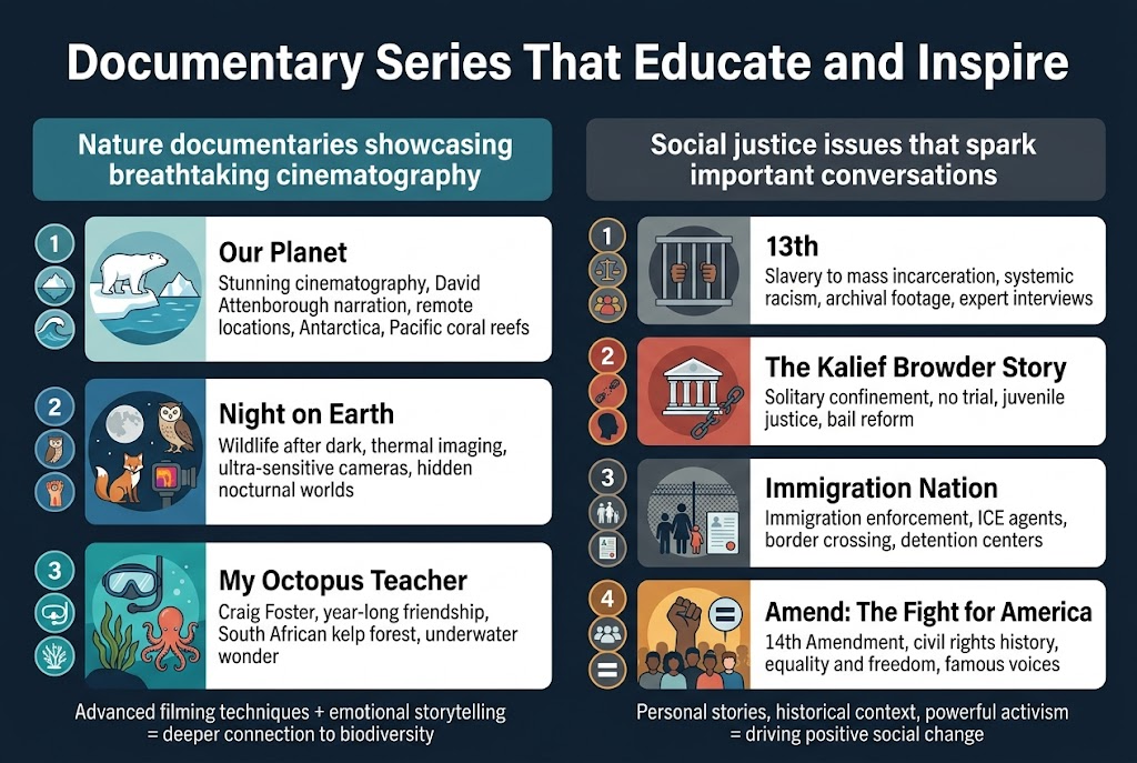 Create a full-bleed 3:2 infographic illustration with a clean professional editorial style, modern sans-serif fonts, and a strong visual hierarchy. Use a dark navy background with teal, blue, white, and warm orange accent colors. Place a bold large heading across the top center: "Documentary Series That Educate and Inspire". Under the title, divide the layout into two wide horizontal sections side by side, with clear section headers and numbered content blocks.

LEFT SECTION HEADER: "Nature documentaries showcasing breathtaking cinematography"
Use a cool blue-green palette and nature icons. Show three stacked numbered cards with small circular icons beside each number:
1. A polar bear, iceberg, and ocean wave icon next to the text "Our Planet" and the subtitle "Stunning cinematography, David Attenborough narration, remote locations, Antarctica, Pacific coral reefs".
2. A moon, owl, fox, and thermal camera icon next to the text "Night on Earth" and the subtitle "Wildlife after dark, thermal imaging, ultra-sensitive cameras, hidden nocturnal worlds".
3. A scuba mask, octopus, and kelp forest icon next to the text "My Octopus Teacher" and the subtitle "Craig Foster, year-long friendship, South African kelp forest, underwater wonder".
Add a small footer line in this section: "Advanced filming techniques + emotional storytelling = deeper connection to biodiversity"

RIGHT SECTION HEADER: "Social justice issues that spark important conversations"
Use a muted red, gold, and charcoal palette with justice and community icons. Show four stacked numbered cards with small circular icons beside each number:
1. A prison bars icon next to the text "13th" and the subtitle "Slavery to mass incarceration, systemic racism, archival footage, expert interviews".
2. A courthouse, broken chain, and teenager silhouette icon next to the text "The Kalief Browder Story" and the subtitle "Solitary confinement, no trial, juvenile justice, bail reform".
3. A border fence, family silhouettes, and document icon next to the text "Immigration Nation" and the subtitle "Immigration enforcement, ICE agents