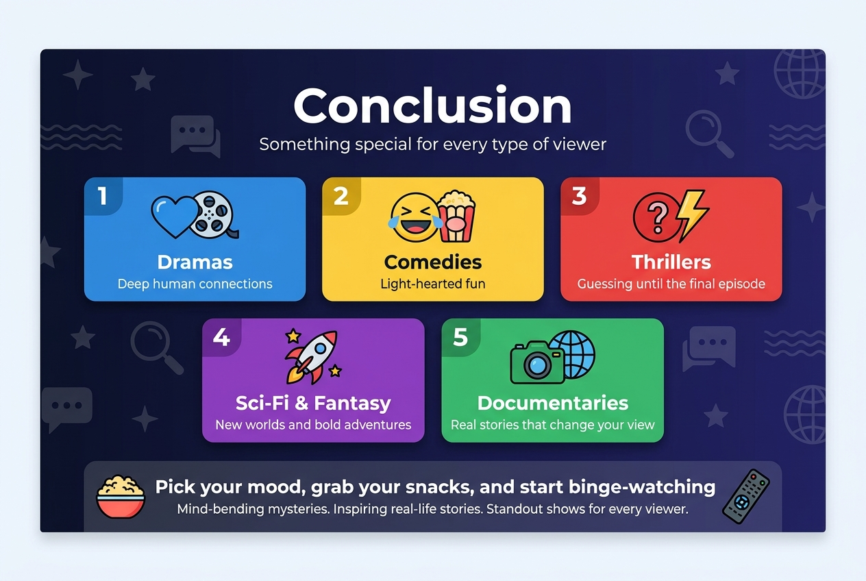 Create a clean, modern full-bleed infographic illustration in 3:2 aspect ratio with a dark navy-to-indigo gradient background and bright accent colors. Add a bold white शीर्ष? No, in English: top center large heading text: "Conclusion". Use a professional sans-serif font with strong hierarchy.

Layout: wide horizontal design with five colorful content blocks arranged in two rows across the center, each block with a simple icon and short text. Add a subtle cinematic pattern of stars, waves, speech bubbles, magnifying glass, and globe shapes in the background.

Top section:
- Large title at the top center: "Conclusion"
- Smaller subtitle below it in white: "Something special for every type of viewer"

Center section, five numbered blocks with icons:
1. Left block, blue panel with a heart and film reel icon: "Dramas" and below it "Deep human connections"
2. Upper middle block, yellow panel with a laughing face and popcorn icon: "Comedies" and below it "Light-hearted fun"
3. Upper right block, red panel with a question mark and lightning icon: "Thrillers" and below it "Guessing until the final episode"
4. Lower left block, purple panel with a rocket and star icon: "Sci-Fi & Fantasy" and below it "New worlds and bold adventures"
5. Lower right block, green panel with a camera and globe icon: "Documentaries" and below it "Real stories that change your view"

Bottom section:
- A wide call-to-action banner across the bottom with a snack bowl icon and remote control icon.
- Bold text: "Pick your mood, grab your snacks, and start binge-watching"
- Smaller text below: "Mind-bending mysteries. Inspiring real-life stories. Standout shows for every viewer."

Use clean spacing, strong contrast, rounded cards, subtle shadows, and crisp vector-style icons. Keep the composition wide and balanced with no narrow vertical stack.