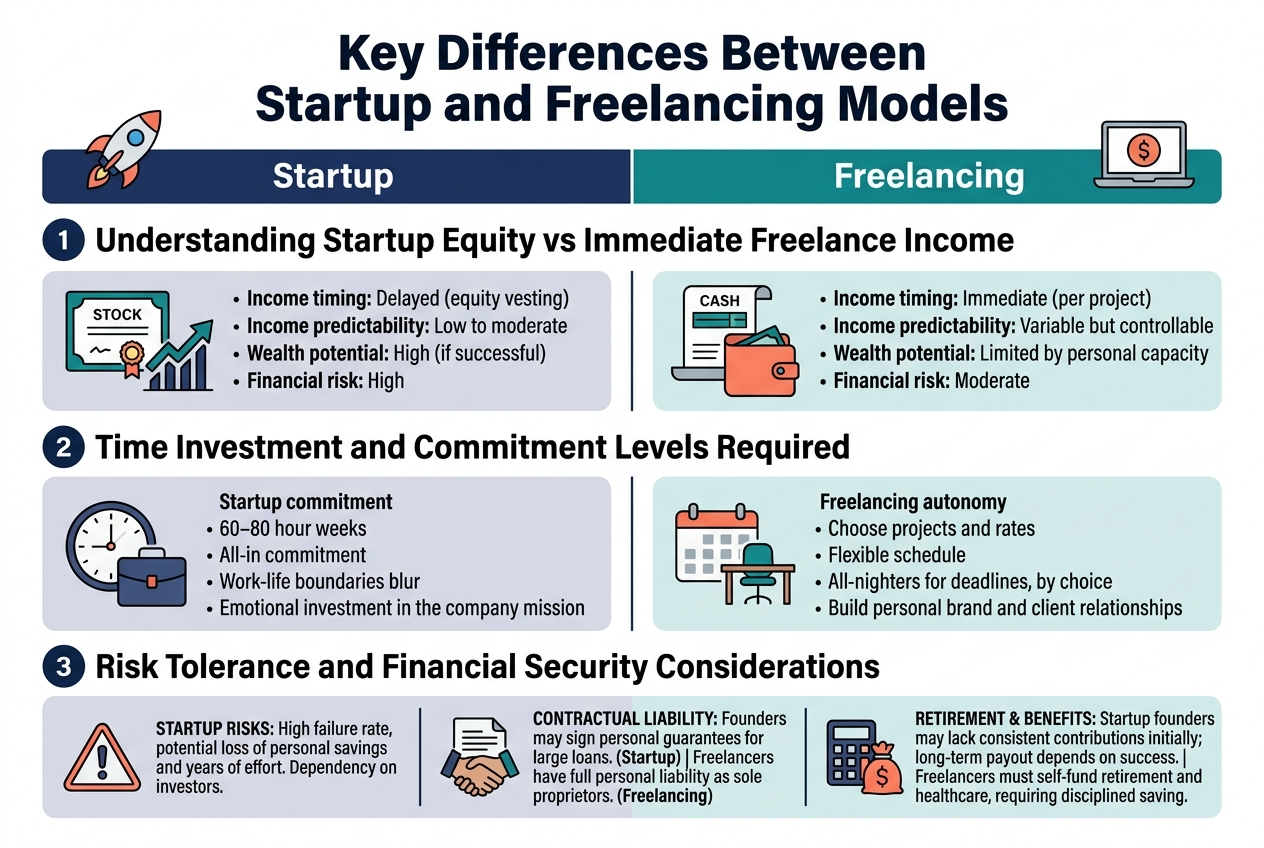 Create a full-bleed professional infographic in a 3:2 landscape aspect ratio with a clean modern corporate style, white background, deep navy and teal accents, coral/orange highlights, bold sans-serif fonts, and clear visual hierarchy.

Top center: large bold title in dark navy text: "Key Differences Between Startup and Freelancing Models"

Below the title, use a wide two-column comparison layout with a central vertical divider. Left column labeled in a navy header bar: "Startup"; right column labeled in a teal header bar: "Freelancing". Place a small rocket icon above the Startup header and a laptop-with-dollar icon above the Freelancing header.

Section 1 across the upper middle: "Understanding Startup Equity vs Immediate Freelance Income"
Under this heading, place two side-by-side illustrated blocks:
- Left block with a stock certificate / upward growth icon and short bullets:
  "Income timing: Delayed (equity vesting)"
  "Income predictability: Low to moderate"
  "Wealth potential: High (if successful)"
  "Financial risk: High"
- Right block with a cash invoice / wallet icon and short bullets:
  "Income timing: Immediate (per project)"
  "Income predictability: Variable but controllable"
  "Wealth potential: Limited by personal capacity"
  "Financial risk: Moderate"

Section 2 across the lower middle: "Time Investment and Commitment Levels Required"
Use two horizontal content cards:
- Left card in light navy with a clock and briefcase icon, showing:
  "Startup commitment"
  "60–80 hour weeks"
  "All-in commitment"
  "Work-life boundaries blur"
  "Emotional investment in the company mission"
- Right card in light teal with a calendar and freelancer desk icon, showing:
  "Freelancing autonomy"
  "Choose projects and rates"
  "Flexible schedule"
  "All-nighters for deadlines, by choice"
  "Build personal brand and client relationships"

Section 3 along the bottom: "Risk Tolerance and Financial Security Considerations"
Create a three-part wide strip with icons:
- Left panel with warning triangle icon and text:
  "Startup