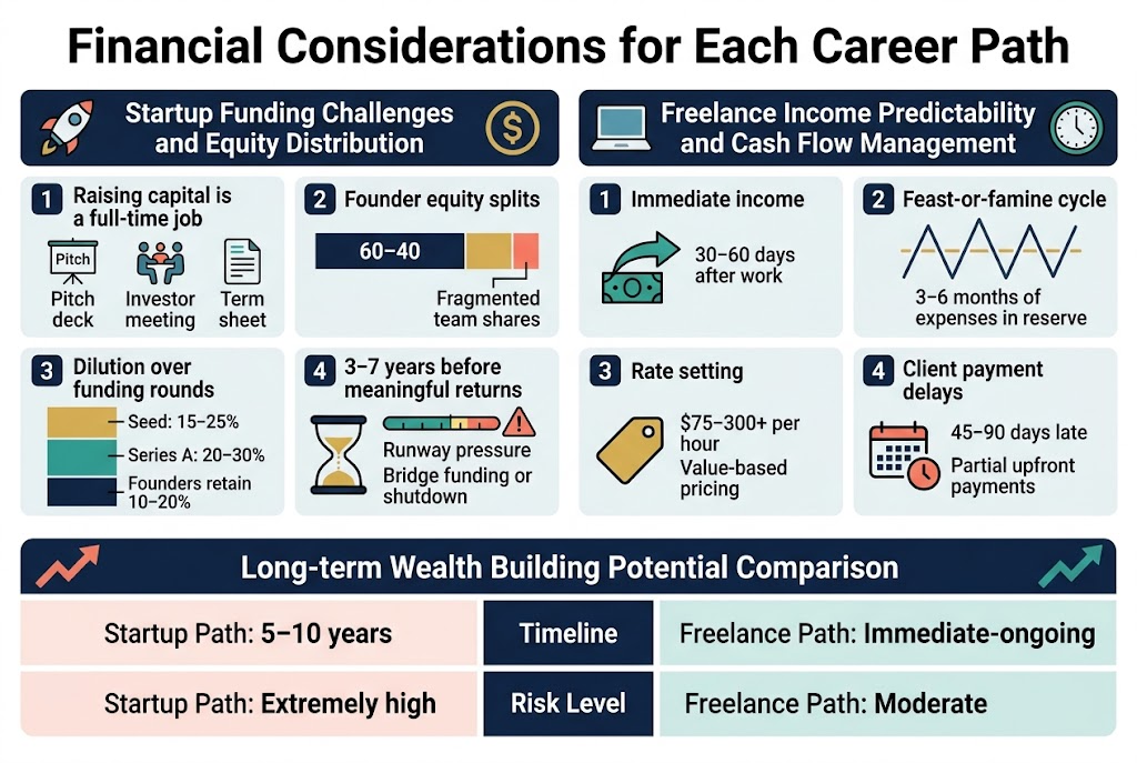 3:2 landscape infographic, full-bleed layout, clean professional business style, white background with navy, teal, gold, and coral accents, modern sans-serif fonts, bold title at top: "Financial Considerations for Each Career Path"

Top section: two wide side-by-side panels with icons and short bullet points.

Left panel header: "Startup Funding Challenges and Equity Distribution" with a rocket icon and dollar sign icon. Include 4 numbered blocks with small icons:
1. "Raising capital is a full-time job" — pitch deck, investor meeting, term sheet icons.
2. "Founder equity splits" — simple split bar showing "60–40" and smaller fragmented team shares.
3. "Dilution over funding rounds" — stacked ownership chart showing "Seed: 15–25%" and "Series A: 20–30%" and "Founders retain 10–20%".
4. "3–7 years before meaningful returns" — hourglass and runway meter with warning icon, text: "Runway pressure" and "Bridge funding or shutdown".

Right panel header: "Freelance Income Predictability and Cash Flow Management" with laptop, invoice, and clock icons. Include 4 numbered blocks:
1. "Immediate income" — cash-in-flow arrow and text: "30–60 days after work".
2. "Feast-or-famine cycle" — alternating high/low line chart and text: "3–6 months of expenses in reserve".
3. "Rate setting" — price tag icon and text: "$75–300+ per hour" and "Value-based pricing".
4. "Client payment delays" — calendar and late payment icon with text: "45–90 days late" and "Partial upfront payments".

Middle wide comparison band with a 2-column table style layout titled: "Long-term Wealth Building Potential Comparison". Use strong visual contrast between the two paths, with a growth arrow icon on each side. Table rows with clear labels and values:
"Timeline" | "Startup Path: 5–10 years" | "Freelance Path: Immediate-ongoing"
"Risk Level" | "Startup Path: Extremely high" | "Fre