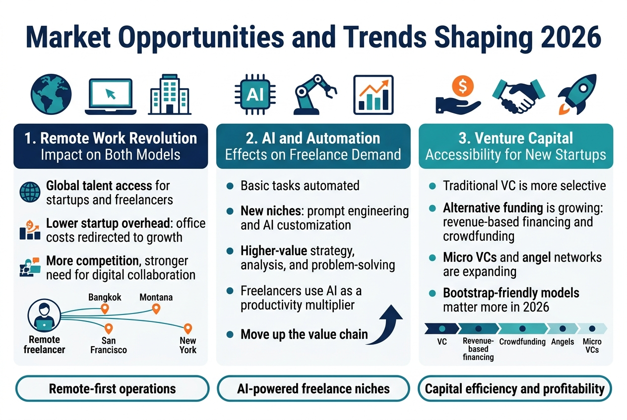 Create a clean, professional full-bleed infographic illustration in a 3:2 aspect ratio with a modern corporate style, white background, navy blue and teal primary colors, orange accent highlights, and bold sans-serif typography. Place a large title across the top: "Market Opportunities and Trends Shaping 2026". 

Use a wide 3-column horizontal layout beneath the title, with three clearly separated section blocks, each with a colored header bar, numbered label, and simple flat icons.

LEFT SECTION: "1. Remote Work Revolution Impact on Both Models"
Use a globe, laptop, and office-building icon cluster near the header. Include three short bullet points with small icons:
- "Global talent access for startups and freelancers"
- "Lower startup overhead: office costs redirected to growth"
- "More competition, stronger need for digital collaboration"
Add a small visual comparison strip showing a remote freelancer icon connected by lines to multiple city markers: "Bangkok", "San Francisco", "Montana", "New York"

CENTER SECTION: "2. AI and Automation Effects on Freelance Demand"
Use an AI chip, robot arm, and data chart icon cluster near the header. Include four short bullet points:
- "Basic tasks automated"
- "New niches: prompt engineering and AI customization"
- "Higher-value strategy, analysis, and problem-solving"
- "Freelancers use AI as a productivity multiplier"
Add a small upward arrow graphic beside the phrase "Move up the value chain"

RIGHT SECTION: "3. Venture Capital Accessibility for New Startups"
Use a funding, handshake, and rocket icon cluster near the header. Include four short bullet points:
- "Traditional VC is more selective"
- "Alternative funding is growing: revenue-based financing and crowdfunding"
- "Micro VCs and angel networks are expanding"
- "Bootstrap-friendly models matter more in 2026"
Add a small horizontal funding flow graphic with labels: "VC", "Revenue-based financing", "Crowdfunding", "Angels", "Micro VCs"

At the bottom, add a full-width highlight band with three compact trend callouts in pill-shaped boxes:
"Remote-first operations"
"AI-powered freelance niches"
"Capital efficiency and profitability"

Use crisp icons,