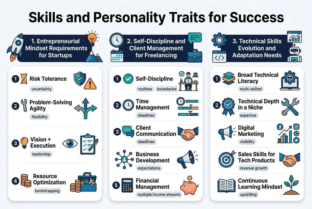 Create a clean professional infographic illustration in a 3:2 aspect ratio, full-bleed layout, wide horizontal composition, no poster frame, no inset margins. Use a modern sans-serif font, bold title, clear hierarchy, white background with deep navy, teal, blue, and orange accents.

Top center, large bold heading text: "Skills and Personality Traits for Success"

Below the heading, arrange three wide horizontal sections across the page in a 3-column layout with rounded cards and matching icons.

LEFT COLUMN SECTION:
Title text: "1. Entrepreneurial Mindset Requirements for Startups"
Use a rocket icon, lightbulb icon, and mountain peak icon.
Include 4 numbered bullet points with small icons:
"Risk Tolerance" with a shield and warning symbol
"Problem-Solving Agility" with a wrench and branching arrows
"Vision + Execution" with an eye and checklist
"Resource Optimization" with stacked coins and toolbox
Small supporting labels under the bullets: "uncertainty", "flexibility", "leadership", "bootstrapping"

CENTER COLUMN SECTION:
Title text: "2. Self-Discipline and Client Management for Freelancing"
Use a clock icon, calendar icon, chat bubble icon, and briefcase icon.
Include 5 numbered bullet points:
"Self-Discipline" with a checkmark and focused desk scene
"Time Management" with a clock and timeline bars
"Client Communication" with speech bubbles and handshake
"Business Development" with network nodes and megaphone
"Financial Management" with calculator and piggy bank
Add small labels: "routines", "boundaries", "deadlines", "expectations", "multiple income streams"

RIGHT COLUMN SECTION:
Title text: "3. Technical Skills Evolution and Adaptation Needs"
Use a gear icon, code brackets icon, chart icon, and automation robot icon.
Include 5 numbered bullet points:
"Broad Technical Literacy" with layered gear and laptop
"Technical Depth in a Niche" with specialty badge and tools
"Digital Marketing