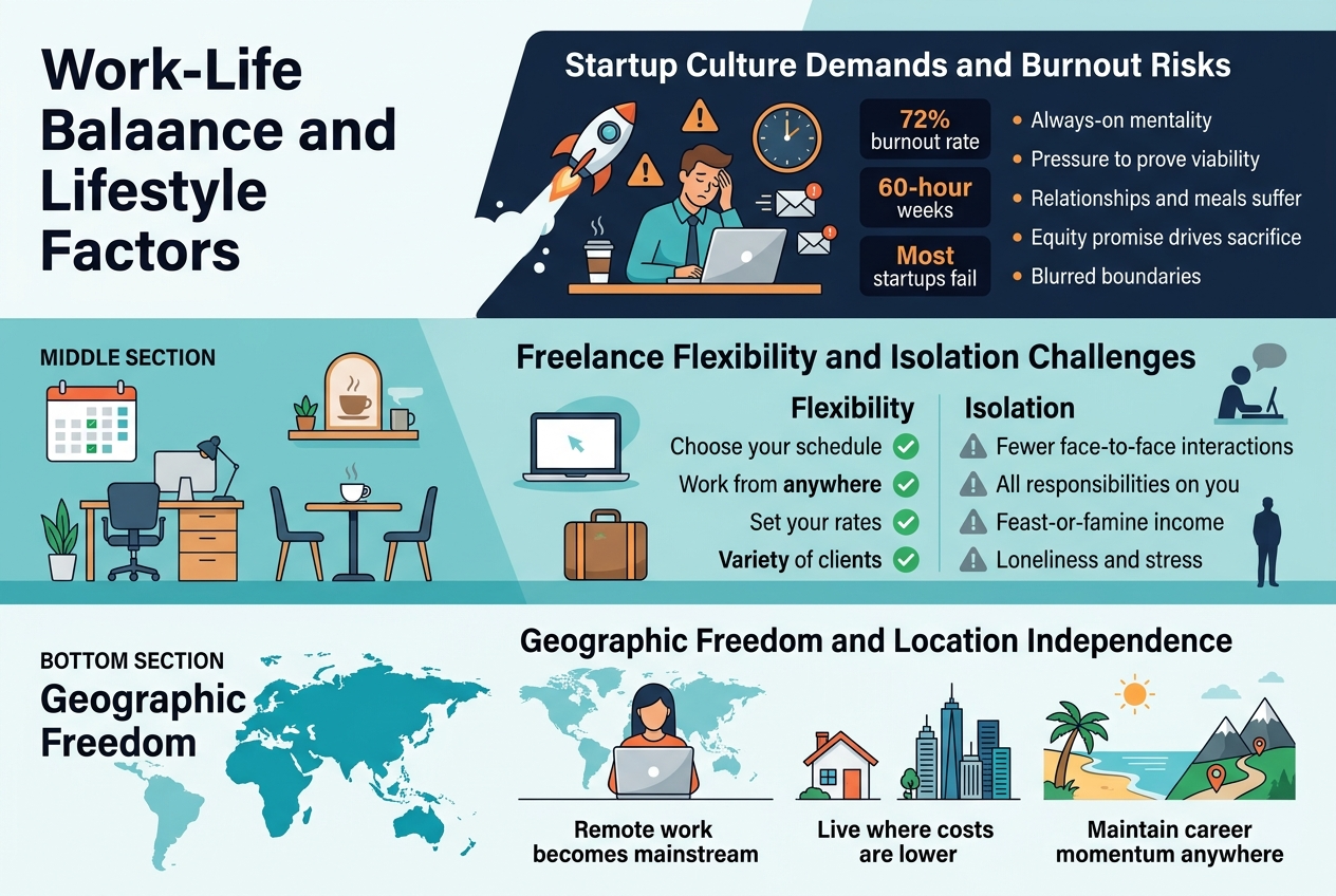 Create a clean, professional full-bleed infographic in a 3:2 landscape aspect ratio with a modern flat vector style, crisp lines, subtle gradients, and a high-contrast color palette of deep navy, teal, white, and warm orange accents. Use a bold sans-serif title at the top left: "Work-Life Balance and Lifestyle Factors". Arrange the content in three wide horizontal sections across the canvas, with clear visual separation, icons, and concise text blocks. Use large readable typography, strong hierarchy, and balanced spacing. No border frame.

TOP SECTION: "Startup Culture Demands and Burnout Risks" with a dark navy background panel and orange warning accents. Place a startup rocket icon and a tired worker at a laptop, plus a coffee cup, midnight clock, and email notification icons. Include three bold stat callouts in separate small boxes:
"72% burnout rate"
"60-hour weeks"
"Most startups fail"
Add short bullet text beside them:
"Always-on mentality"
"Pressure to prove viability"
"Relationships and meals suffer"
"Equity promise drives sacrifice"
"Blurred boundaries"

MIDDLE SECTION: "Freelance Flexibility and Isolation Challenges" on a lighter teal background panel. Place icons of a calendar, home office desk, coffee shop table, laptop, suitcase, and a lone freelancer silhouette. Split this section into two columns labeled:
"Flexibility" and "Isolation"
Under "Flexibility" include:
"Choose your schedule"
"Work from anywhere"
"Set your rates"
"Variety of clients"
Under "Isolation" include:
"Fewer face-to-face interactions"
"All responsibilities on you"
"Feast-or-famine income"
"Loneliness and stress"
Use a mix of green check icons for flexibility and gray caution icons for challenges.

BOTTOM SECTION: "Geographic Freedom and Location Independence" with a bright, spacious layout showing a world map, a remote worker with a laptop, a small house, a city skyline, a beach, and a mountain trail icon. Use three labeled mini-panels across the width:
"Remote work becomes mainstream"
"Live where costs are lower"
"Maintain career momentum anywhere"
Include